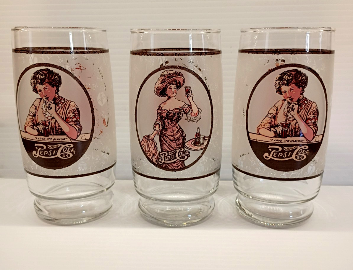 Set of 3 Vintage 1970's PEPSI COLA 16 oz Glasses  Victorian Lady + Gibson Girl