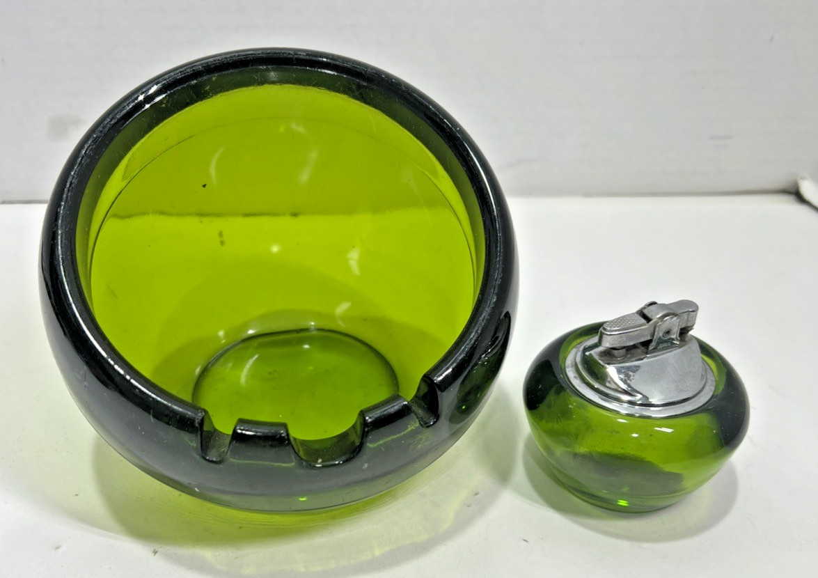 Vintage Viking Olive Green Art Glass Cigar Ashtray with Table Lighter