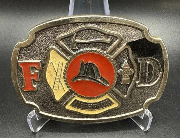 Firefighter FD Belt Buckle W/Black, Yellow, Red Enamel & Antique Brushed Silver