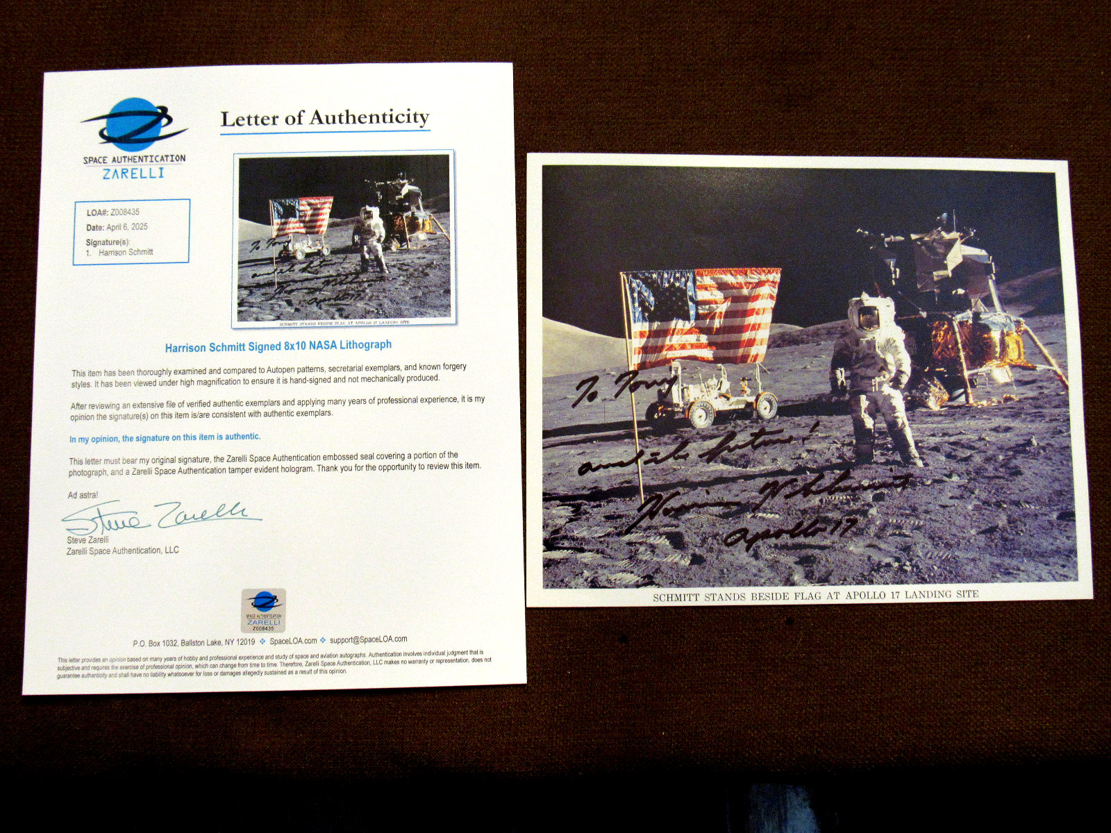 HARRISON SCHMITT APOLLO 17 ASTRONAUT SIGNED AUTO BESIDE FLAG PHOTO ZARELLI LOA