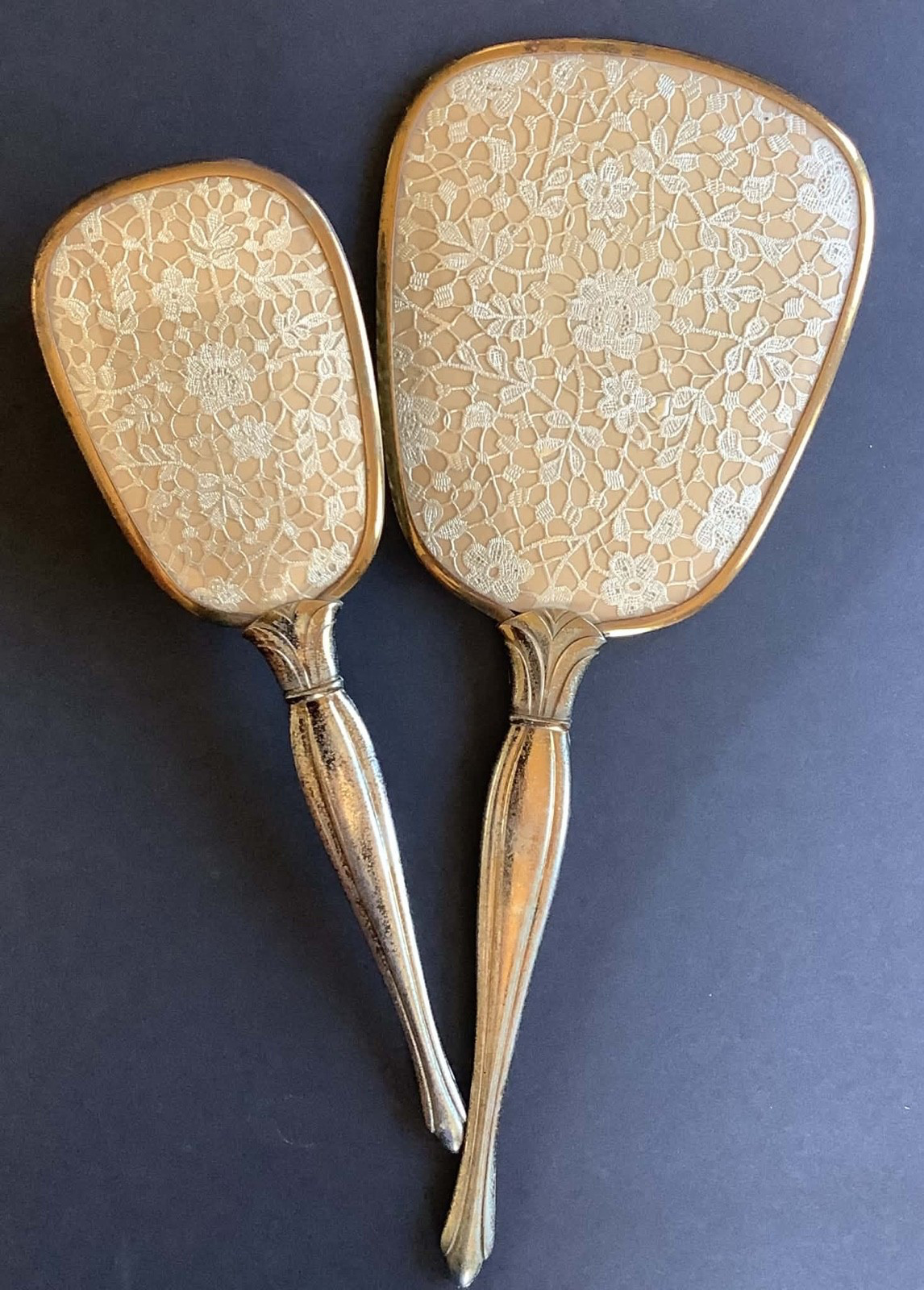 Beautiful Antique Vanity Mirror and Brush 2pc Set Gold Lace Pattern Ornate RARE