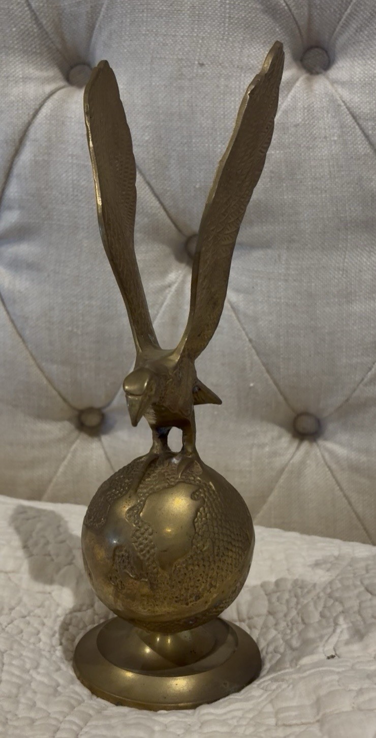 Vintage Leonard Solid Brass Eagle Statue On Globe 11.5