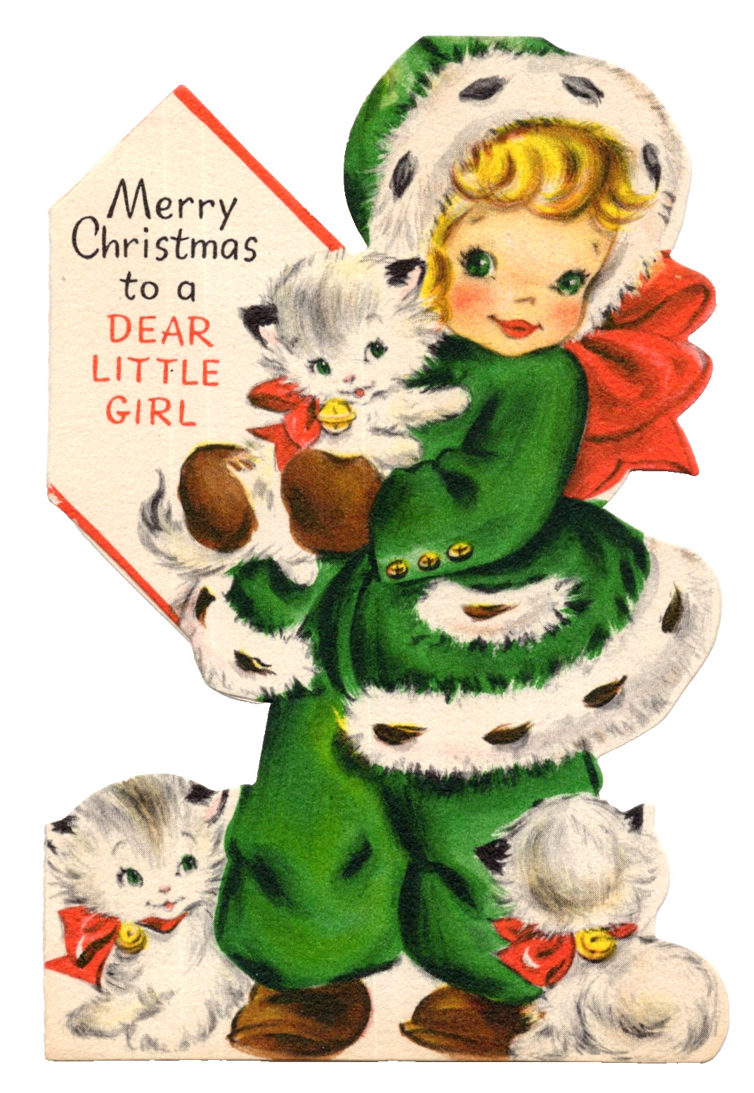 Vintage Christmas Card, BEAUTIFUL SNOW GIRL W/KITTENS, HALLMARK