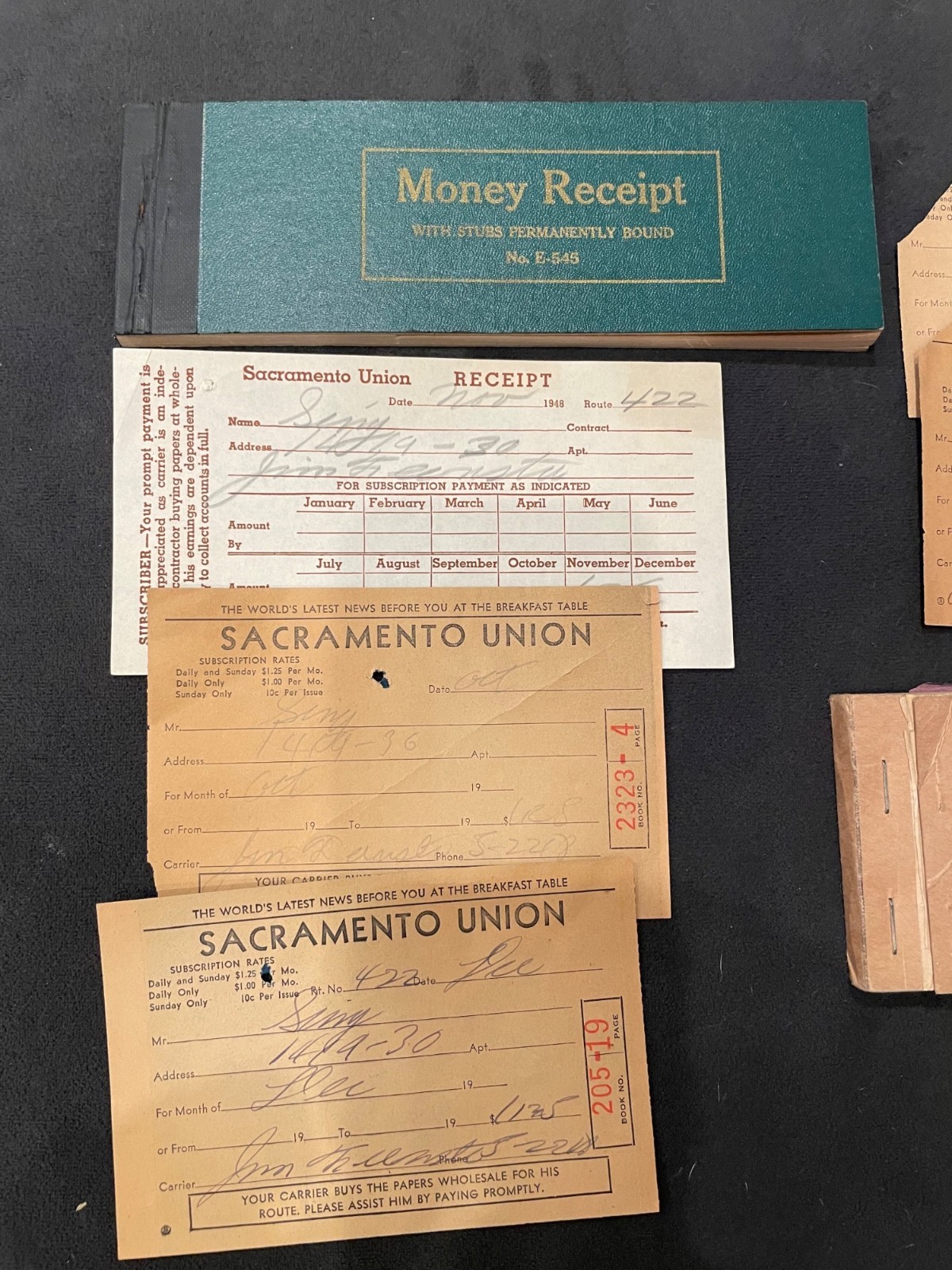 Vintage Sacramento Union & Bee Receipt Books & Carrier Tickets 1940s-50s Rare Co