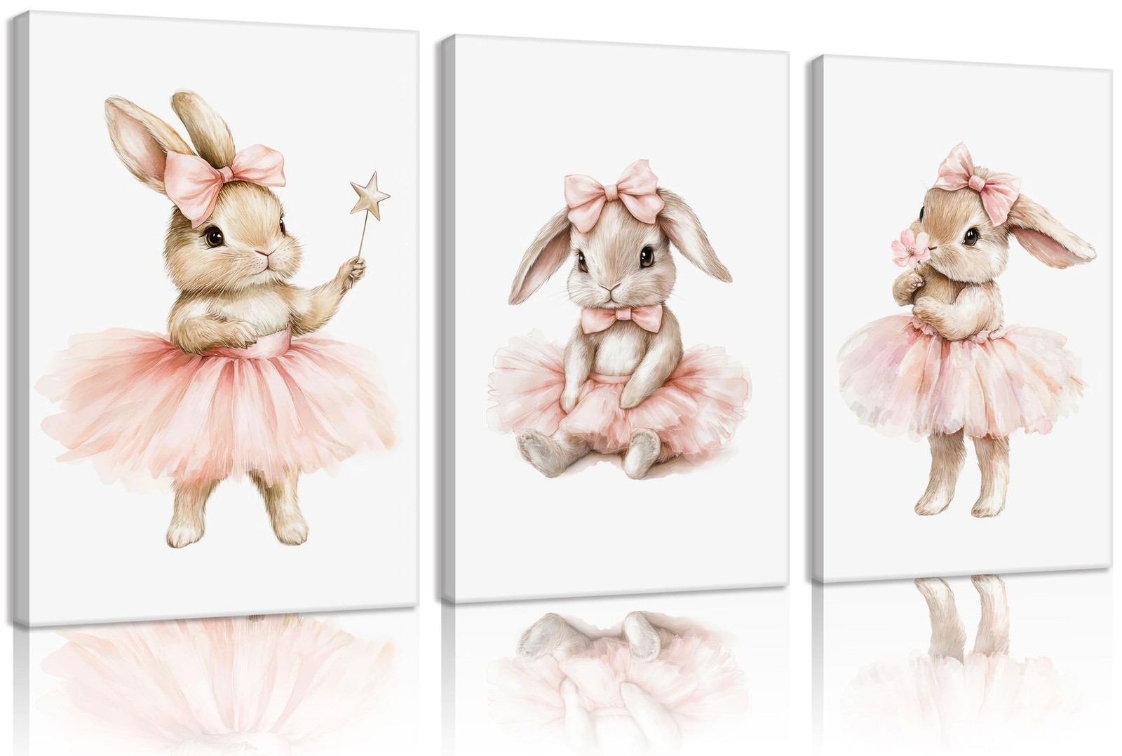 3pcs Pink Bunny Nursery Wall Art Girls Room Wall Decor 16x24in Framed