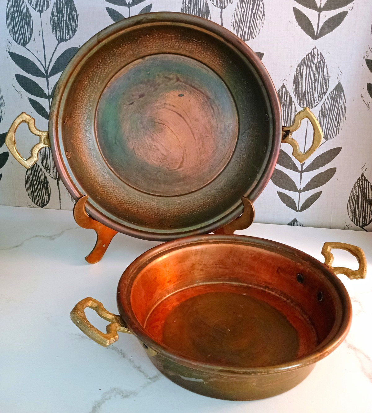 Antique Vintage 2-Piece Copper Jam Roasting Pans Brass Handles 