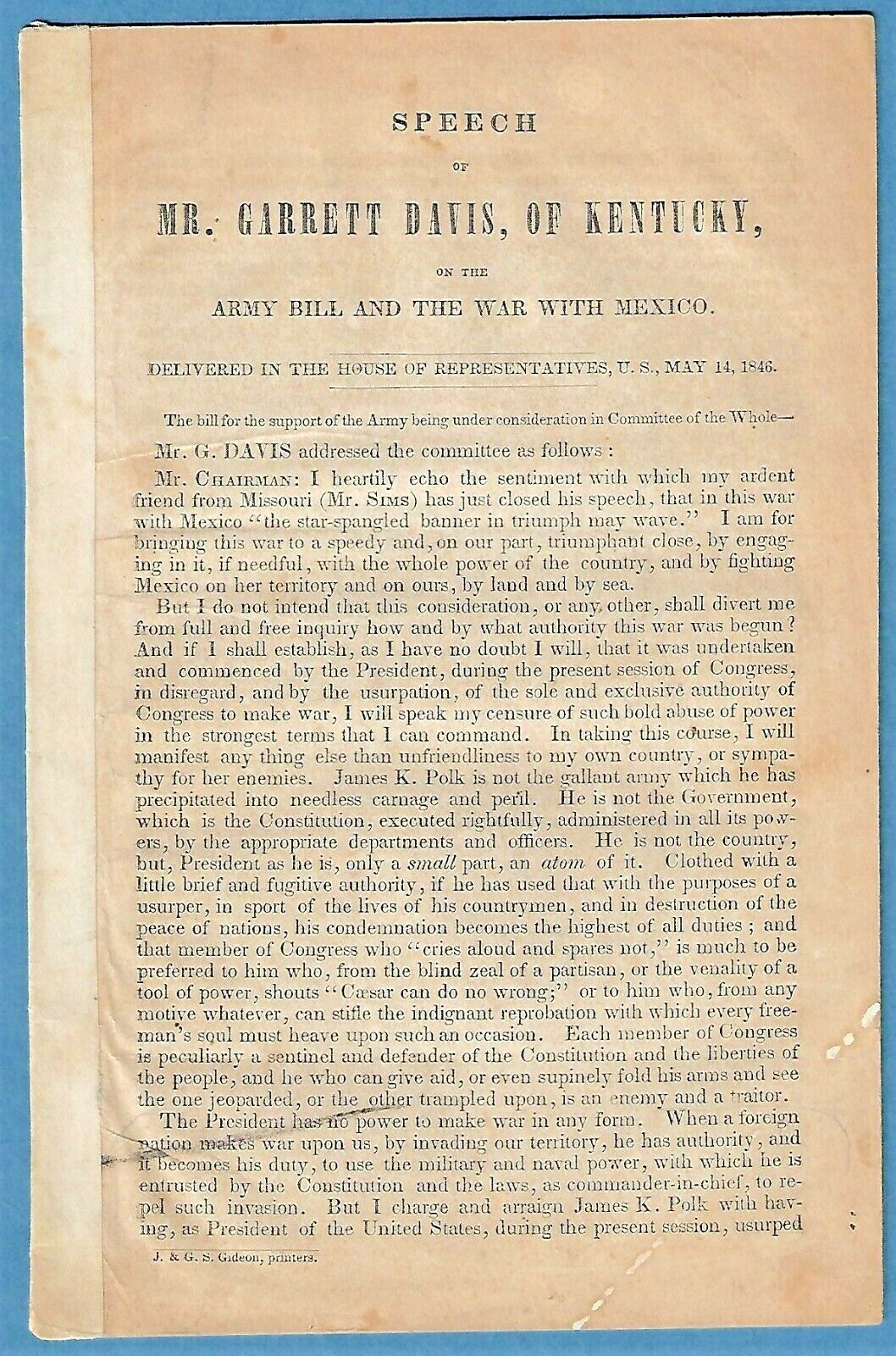 1846 SPEECH ~ GARRETT DAVIS OF KENTUCKY ~ THE ARMY BILL AND THE WAR WITH MEXICO