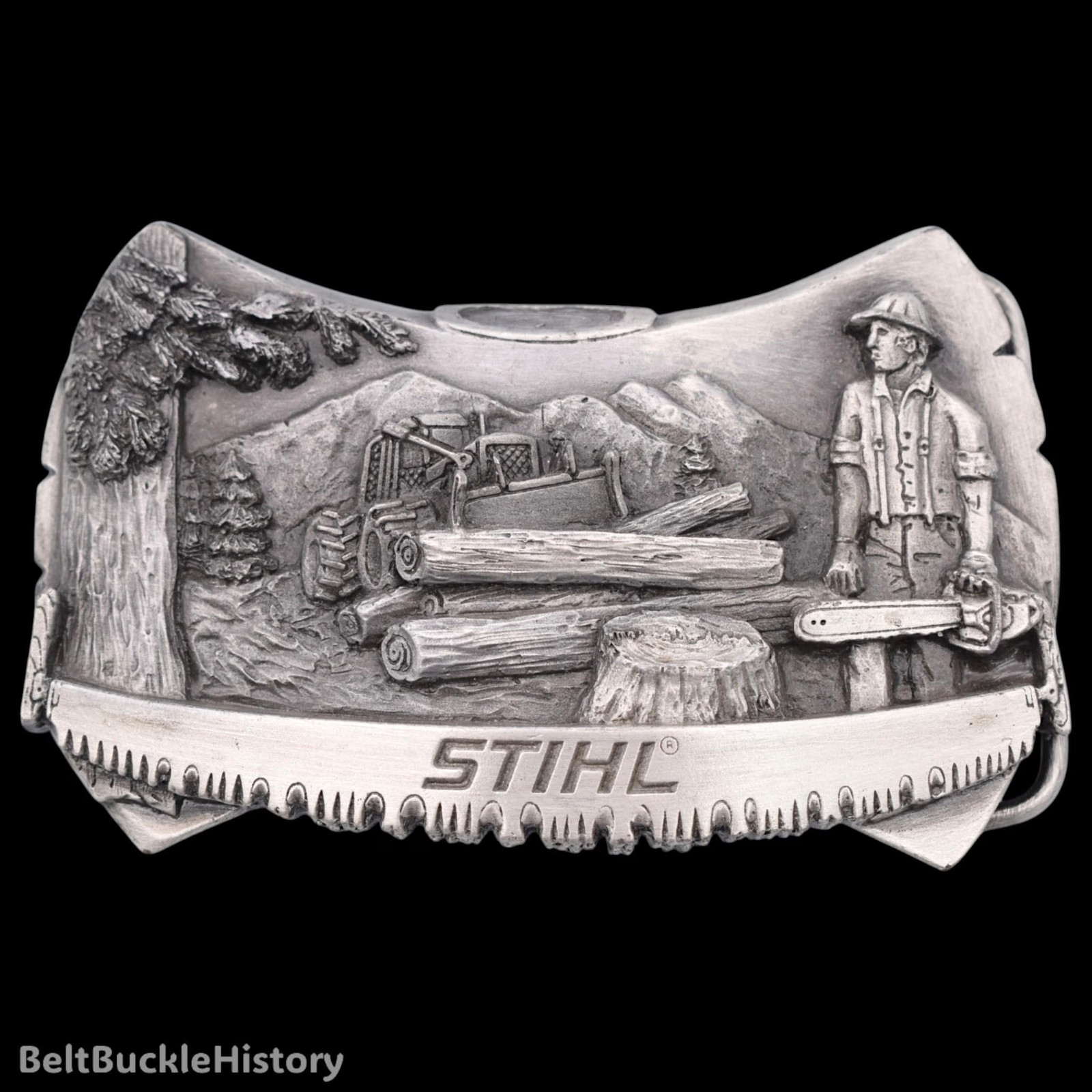 Stihl Chainsaw Logger Axe Head Vintage Belt Buckle by Siskiyou Buckle Co. [1981]
