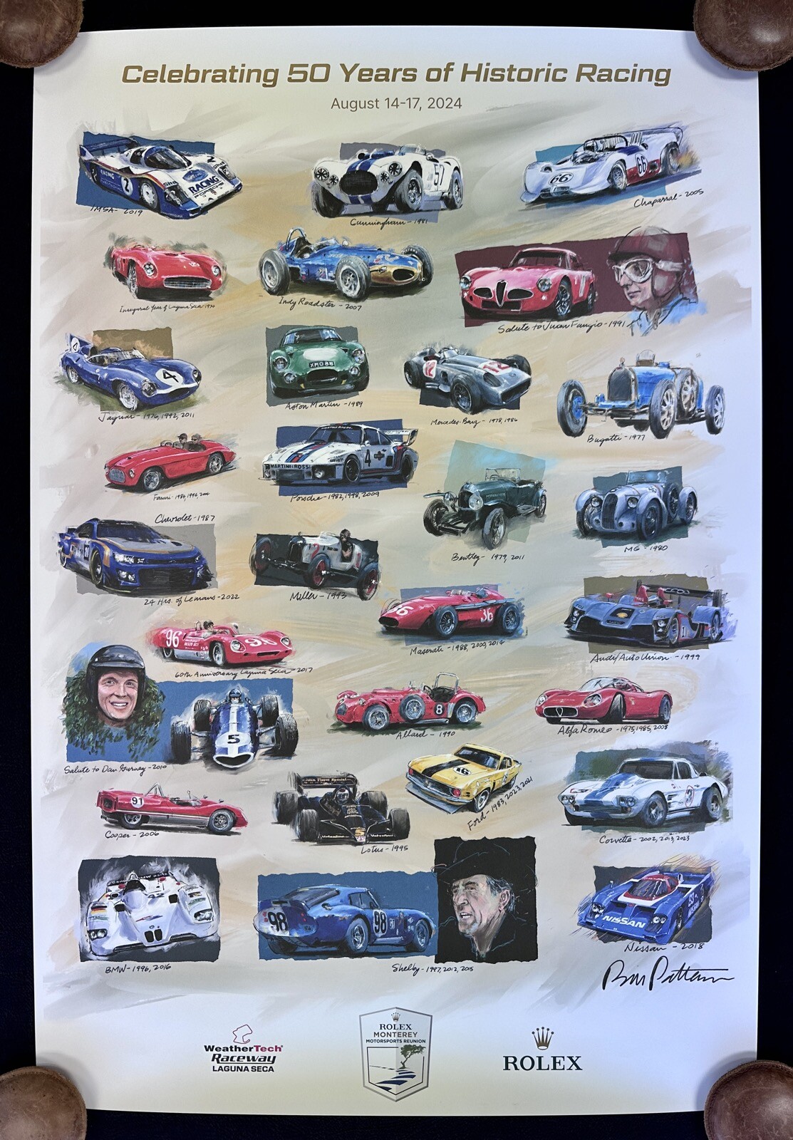 2024 Rolex Monterey Motorsports Reunion 50th Historic Races Poster Fangio Shelby