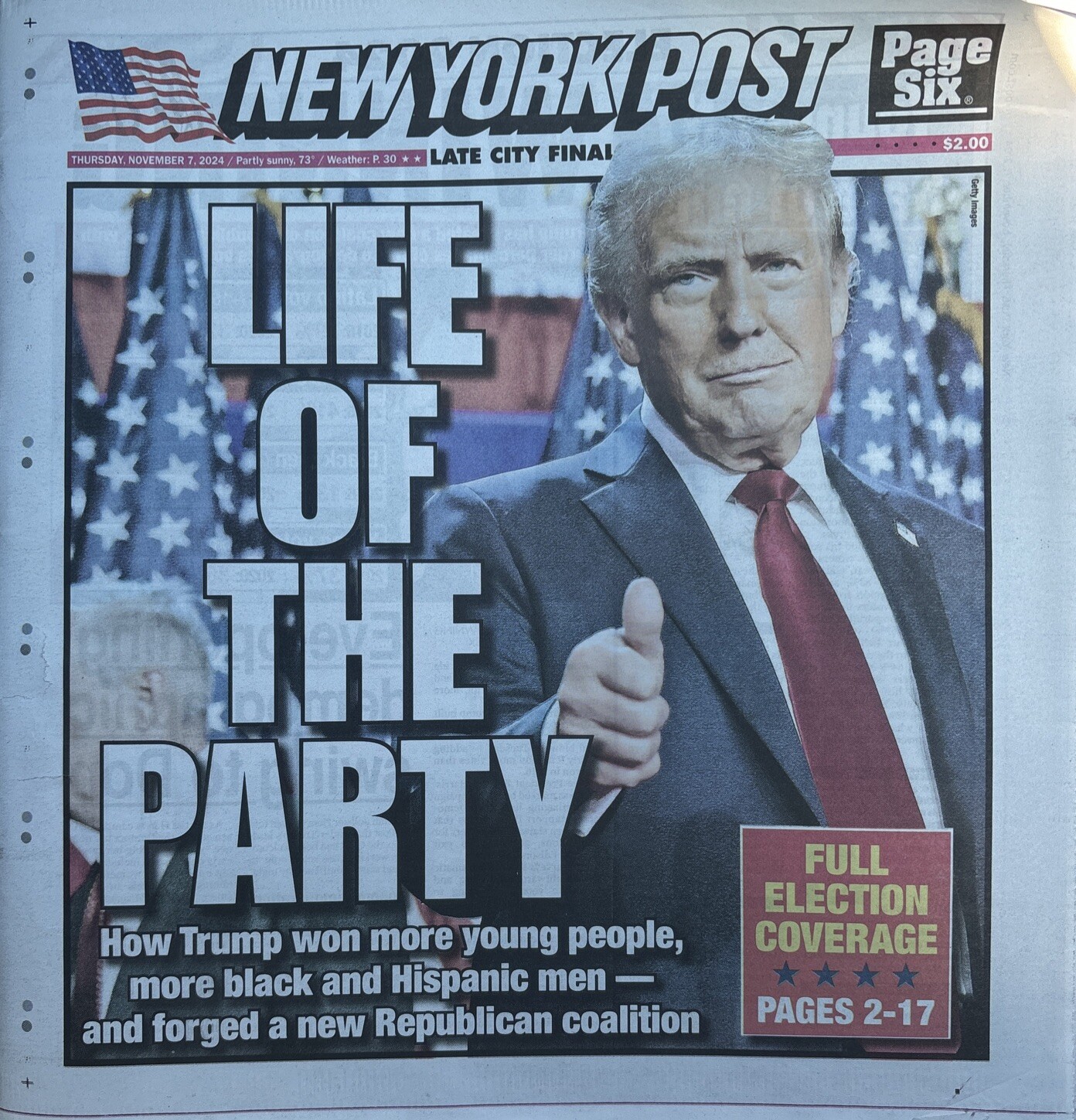 DONALD TRUMP Life Of The Party New York Post Election Newspaper - 11/7/2024 NEW