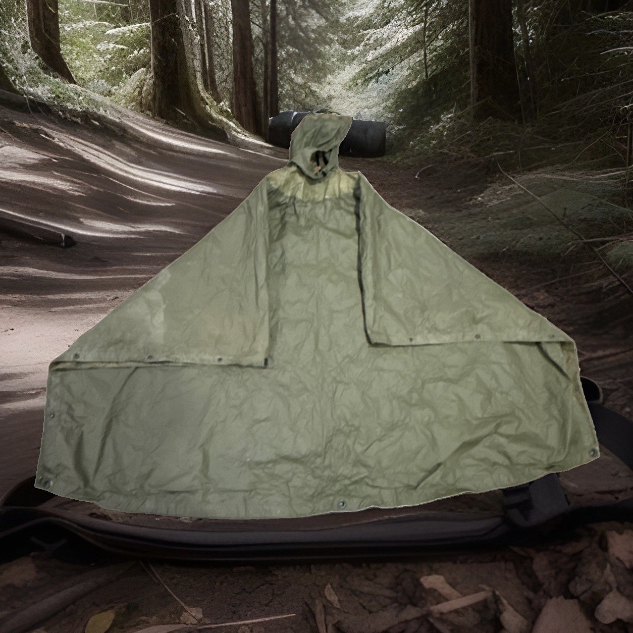 Vtg USGI  Original Military OD Green Ripstop Multipurp Poncho Wet Weather  Used.