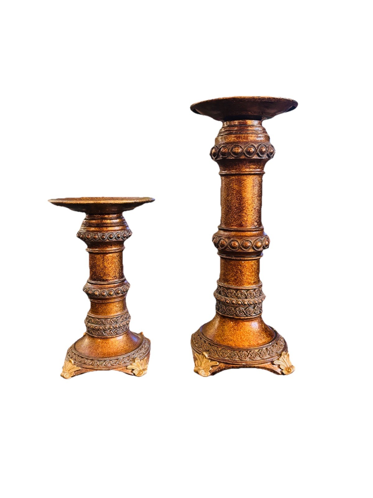 Montefiori Italy Antique Brass/Mixed Media Candlesticks 9” & 6” (R)
