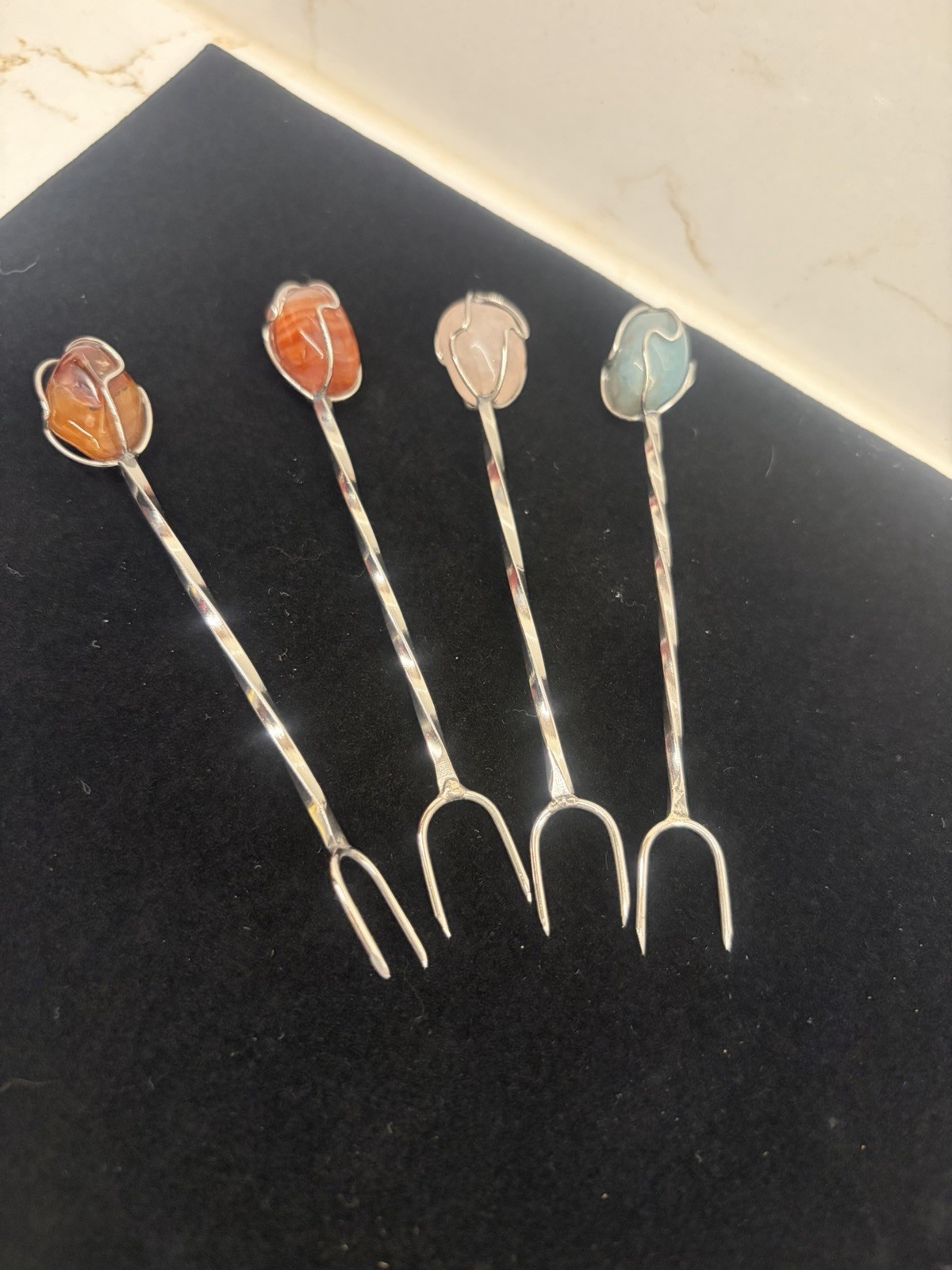 Vintage Set 4 Approx 800 Silver Gemstone Cocktail Olive Forks 6in