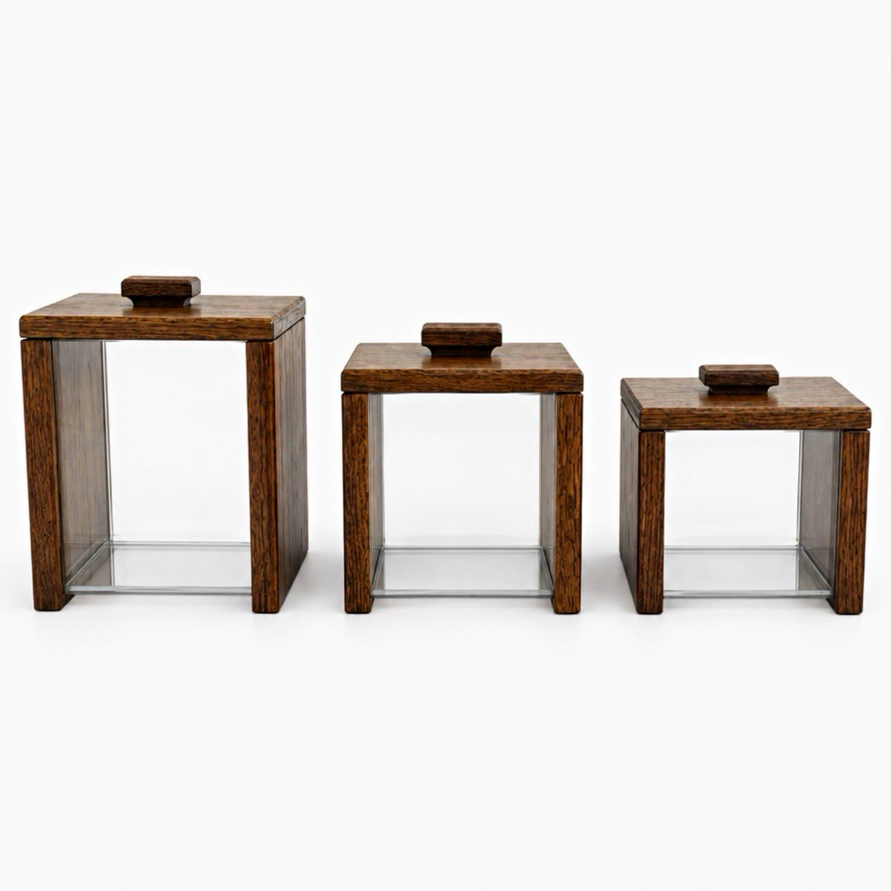 Rare Vintage 1970’s  3-Piece  Solid Oak & Acrylic Canister Set