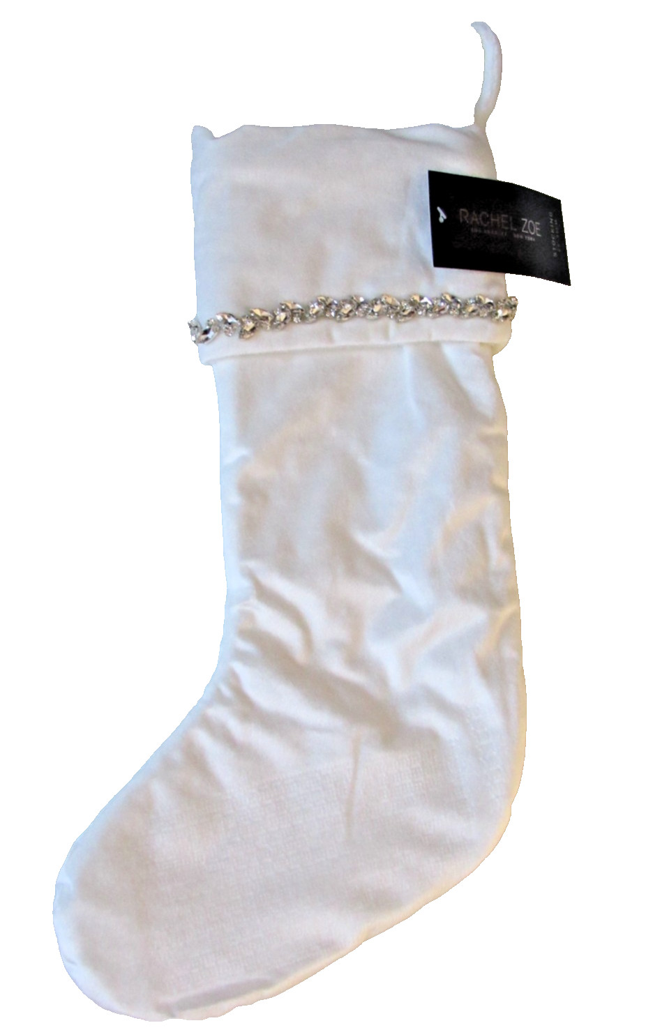 Rachel Zoe White Velvet Rhinestone Jeweled Trim Christmas Holiday Stocking NWT