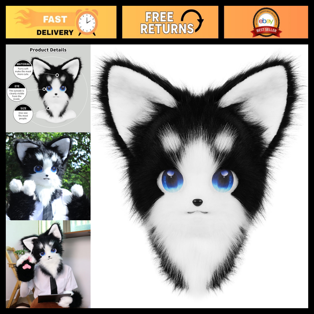 HAOAN Animal Furry Fursuit Head Mask Plush Cat Fox Mask Costume Props for Hallow