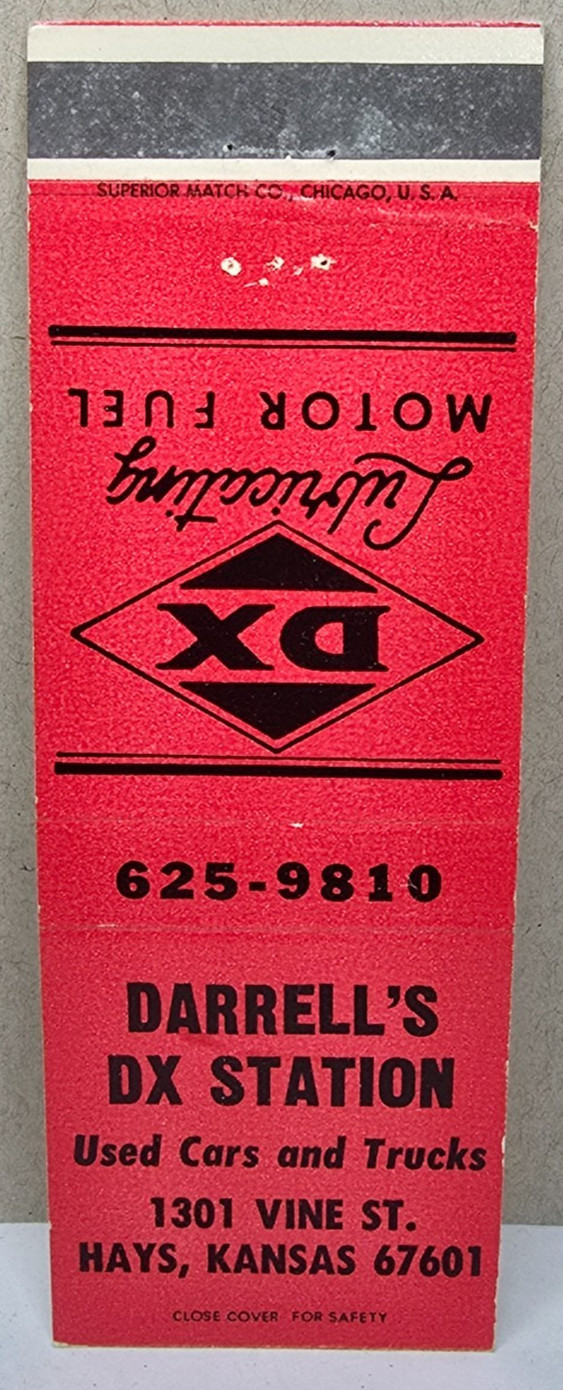Vintage Matchbook Cover DARRELL\'S DX STATION Hays Kansas KS Used Cars Trucks DX
