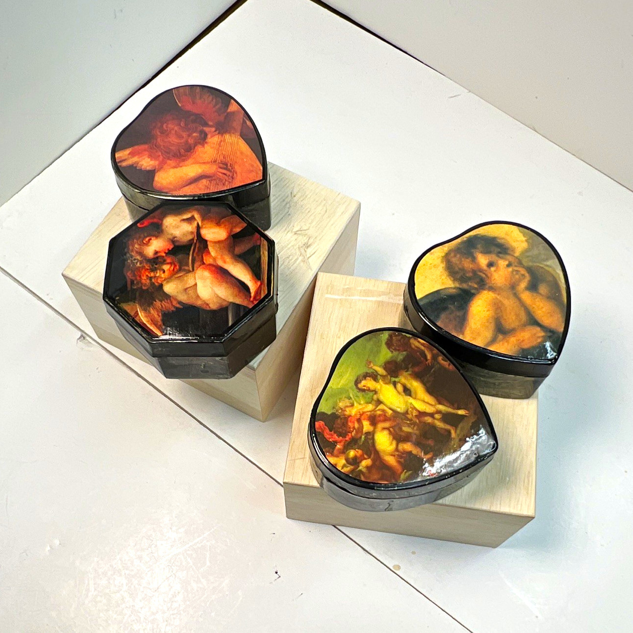 Beautiful lot of 4 Vintage Classical Cherub Angel Lacquered Trinket Boxes