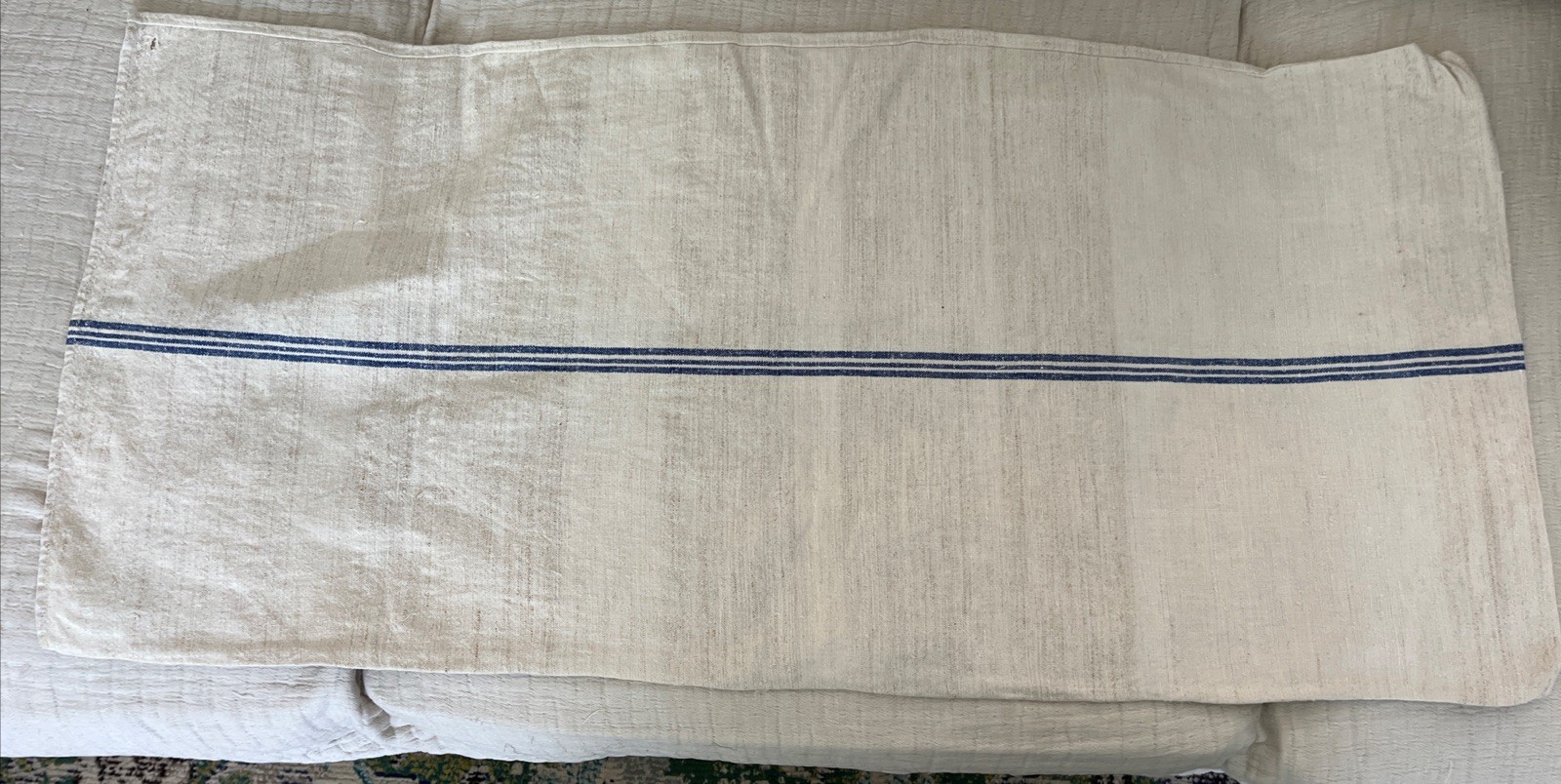 Antique European Grain Sack 3 Blue Stripes Rustic Fabric Linen & Cotton Homespun
