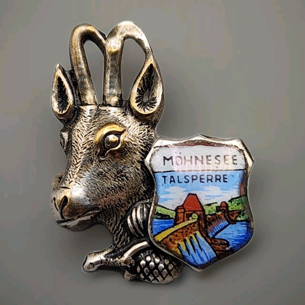 Vtg Mohnesee Dam Hat Pin Lapel Badge Oktoberfest Germany Alpine Goat Walking
