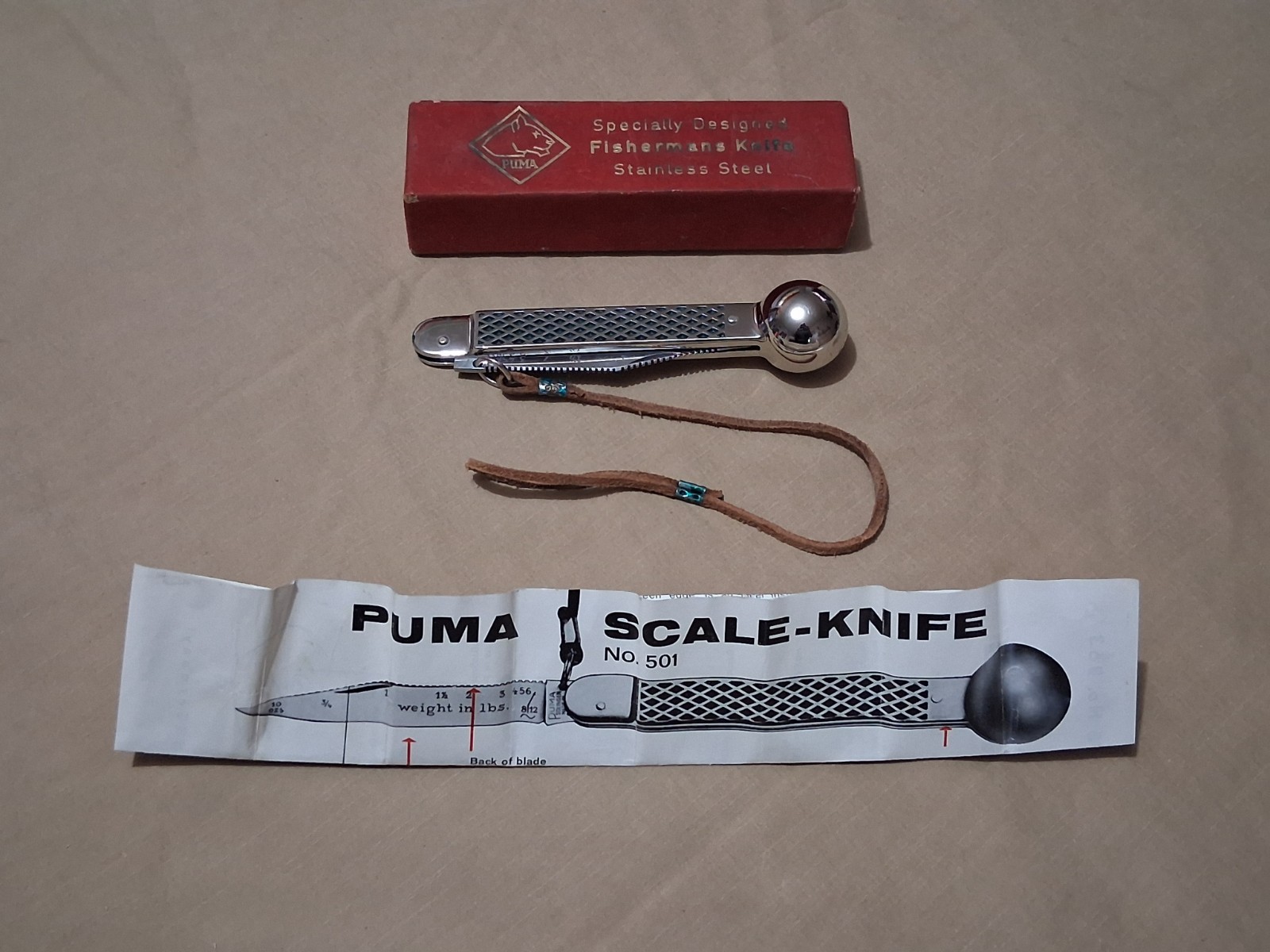 Vintage 1971 Puma Fishermans Scale Knife #501 in Original Box Soligen/Germany