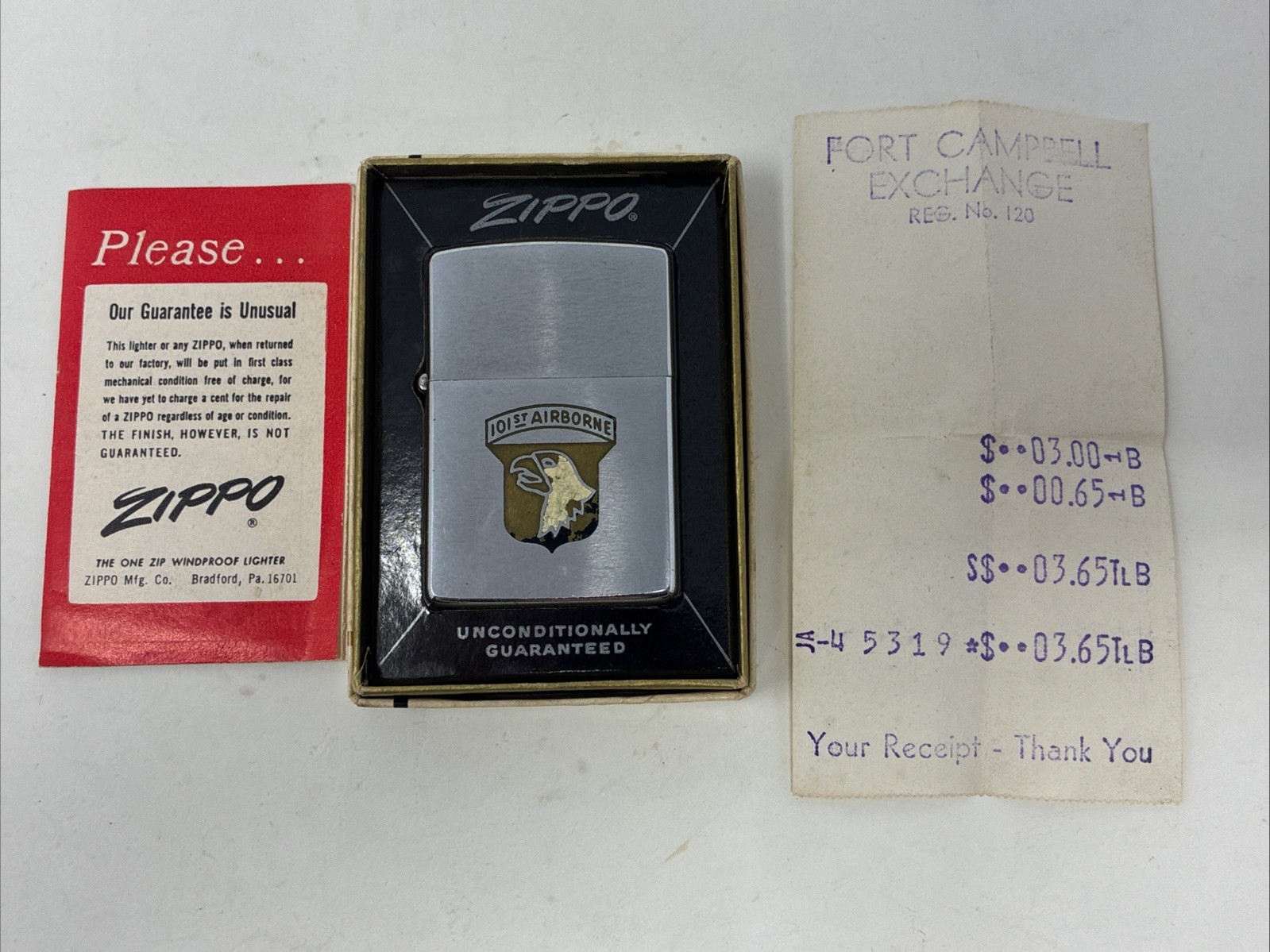 VINTAGE 1966 ZIPPO LIGHTER 101ST AIRBORNE BOXED FORT CAMPBELL RECEIPT VIETNAM