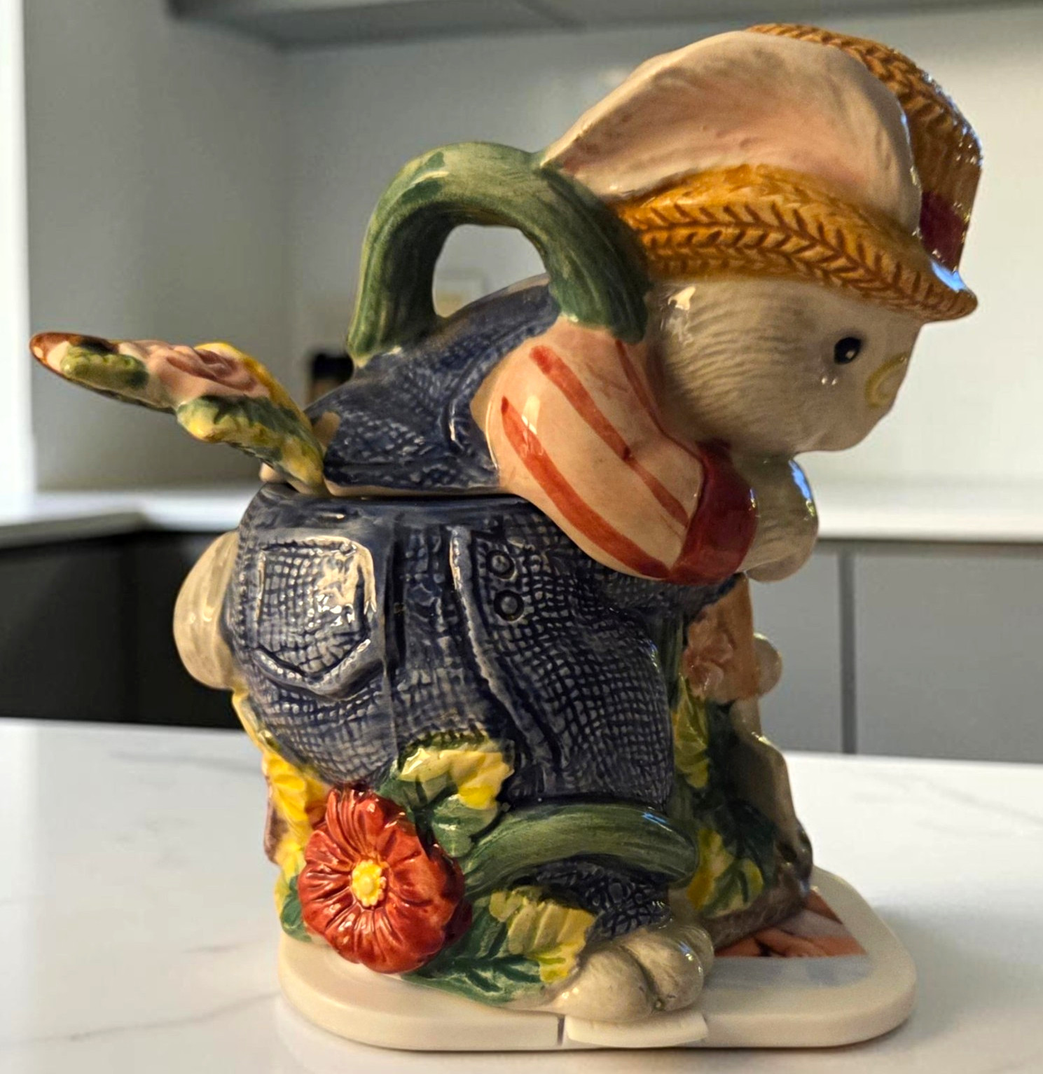 Fitz and Floyd Gardening Bunny Condiment Jar Lid Spoon Vintage Handpainted EUC