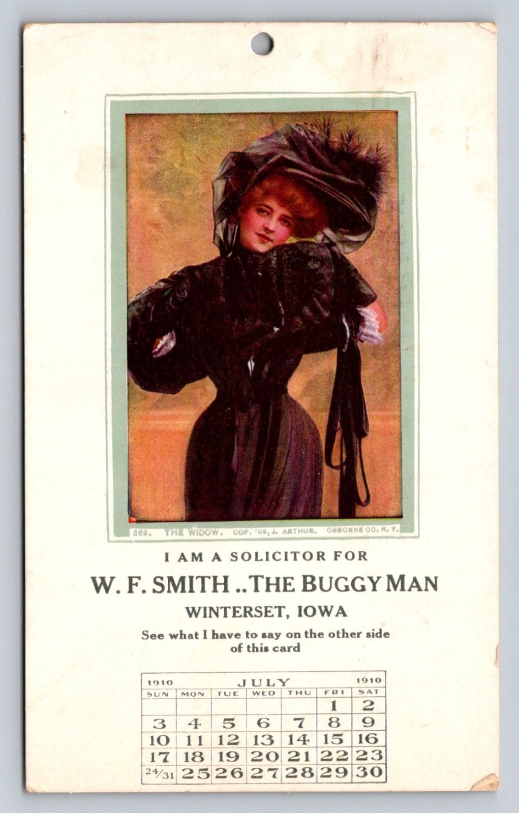 W.F. Smith Buggy Man Winterset Iowa Calendar Advertising Woman Postcard N006