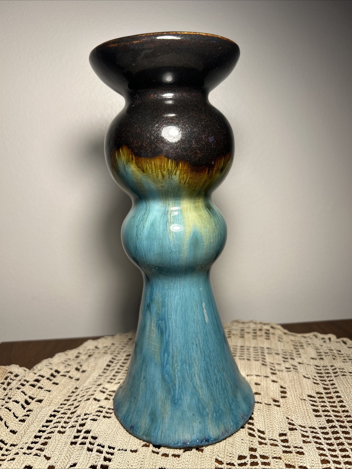 Vtg Pottery Hand Made Ceramic Glaze Pedestal Candle Holder 10