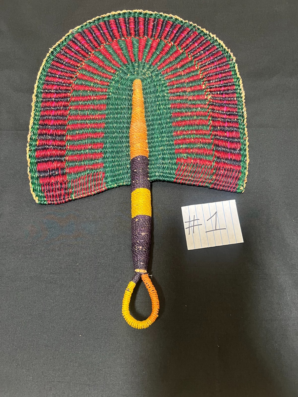 African Bolga Fan Leather Handle Woven Decorative Colorful Wall Collectable 17