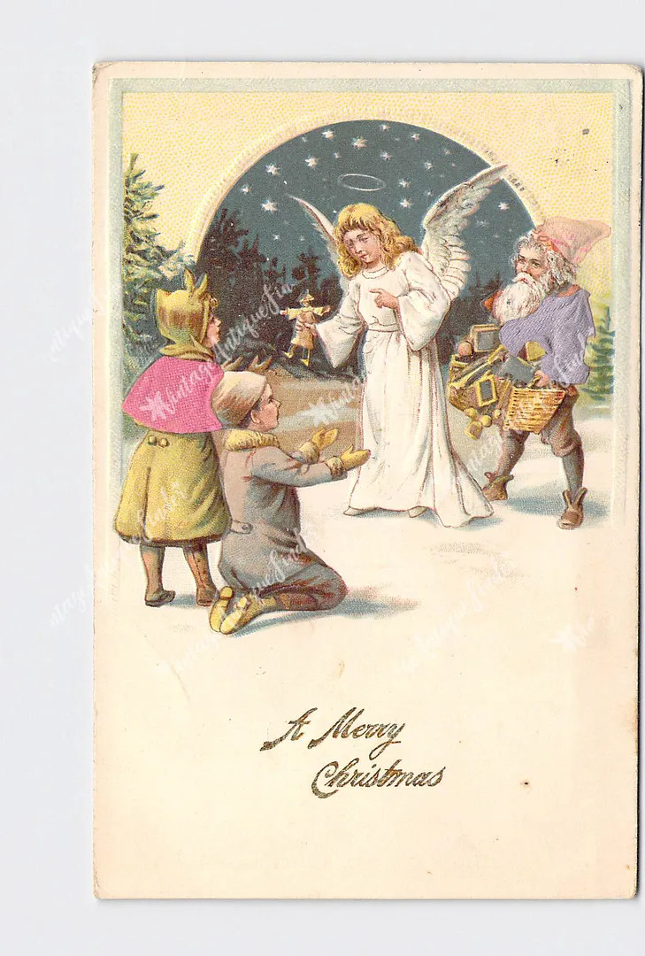 PPC Postcard Merry Christmas Santa And Angel Giving Gifts To Children Silk Embel