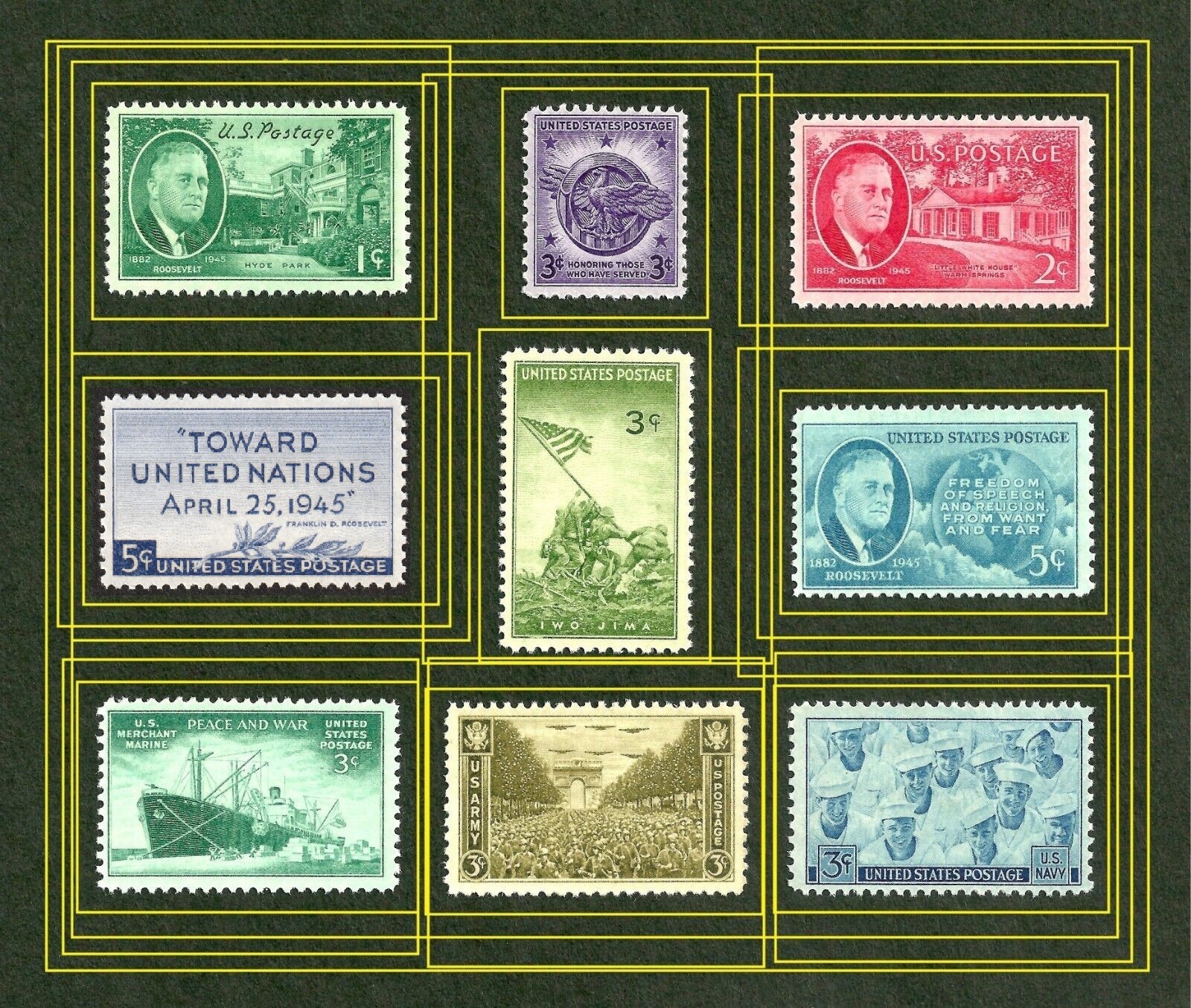 *OLD 1940\'s US/usa WW2 stamp collection honoring WWll services,iwo jima,FDR MINT