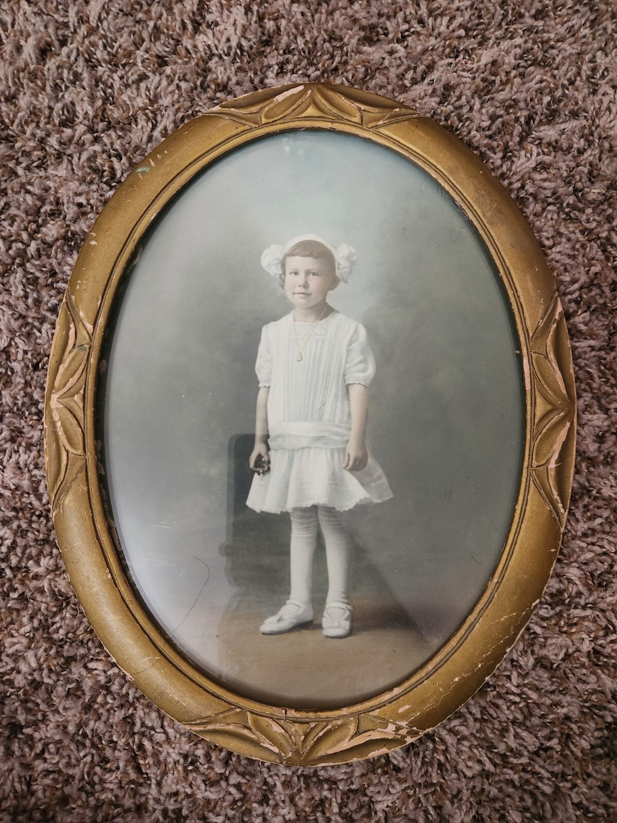 Antique Hand Tinted Photograph of Child In Dress Vintage Wood Gold Frame Oval