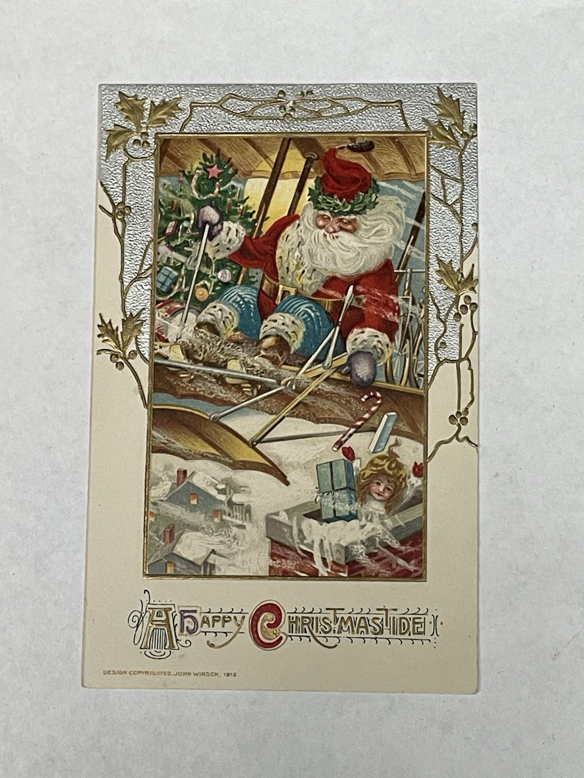 Vintage Christmas Postcard - John Winsch 1912 - Santa Flying Over Chimney 