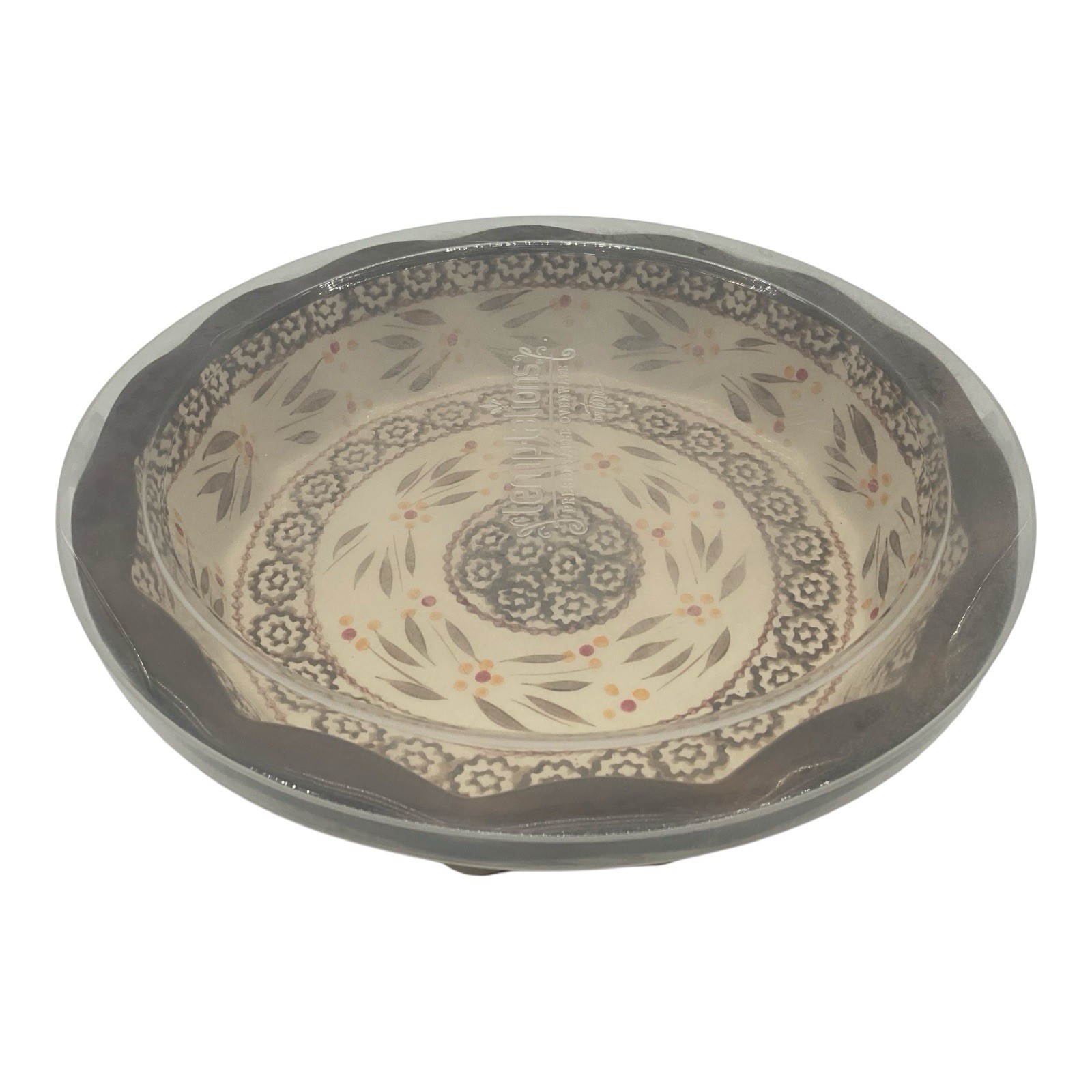 Temp-tations Old World Brown Ceramic Pie Plate With Cover/Lid Vintage NOS