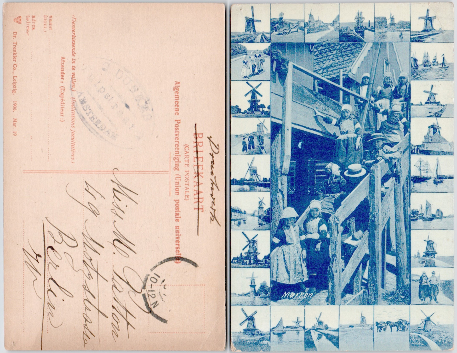 Netherlands Marken 1906 Blue Tint Traditional Costumes Windmill Village Postcard