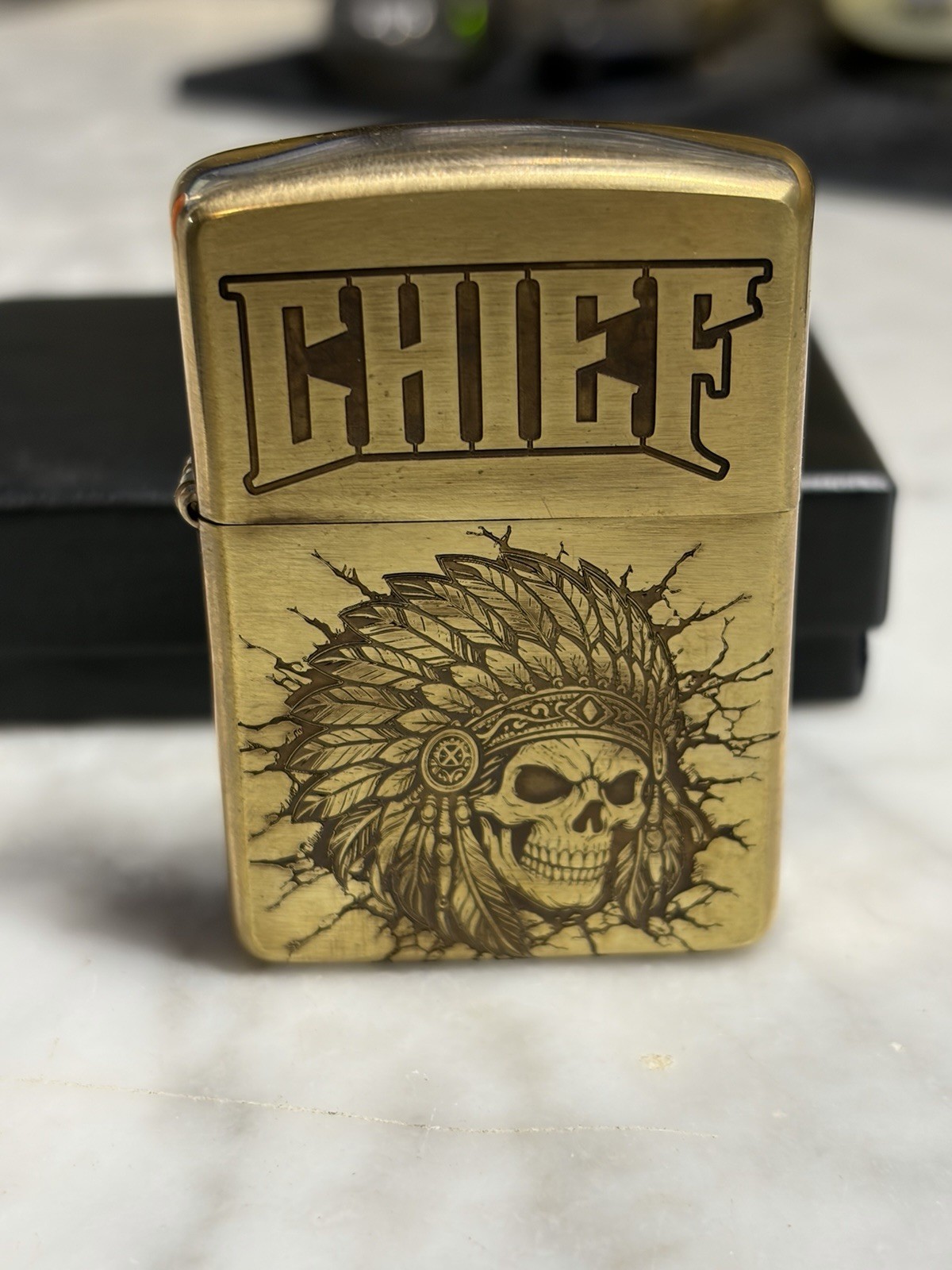Zippo Custom Engraved Brass Patina Chief Lighter EDC Collectible
