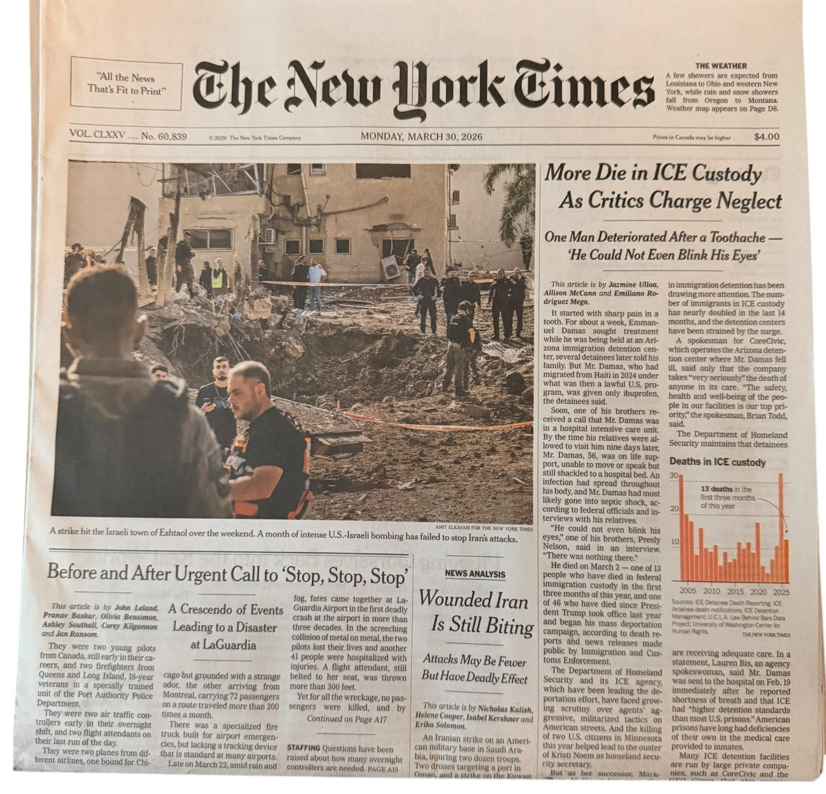 The New York Times Newspaper March 30 2026 More Die in ICE Custody UNREAD Paper