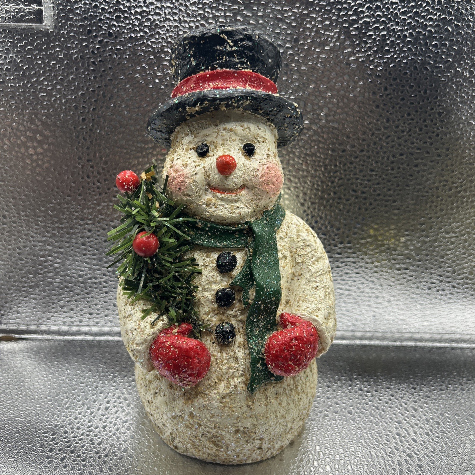 Vintage snowman  snow frosted tree Xmas decor