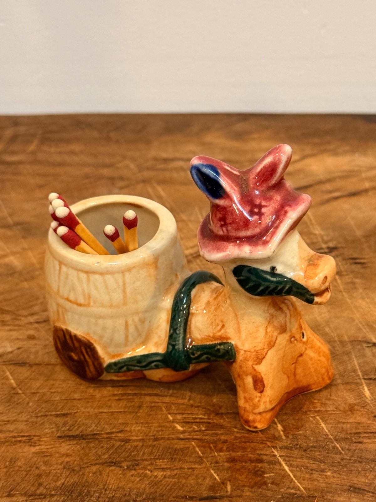 Vintage Donkey and Barrel Ceramic Toothpick Holder