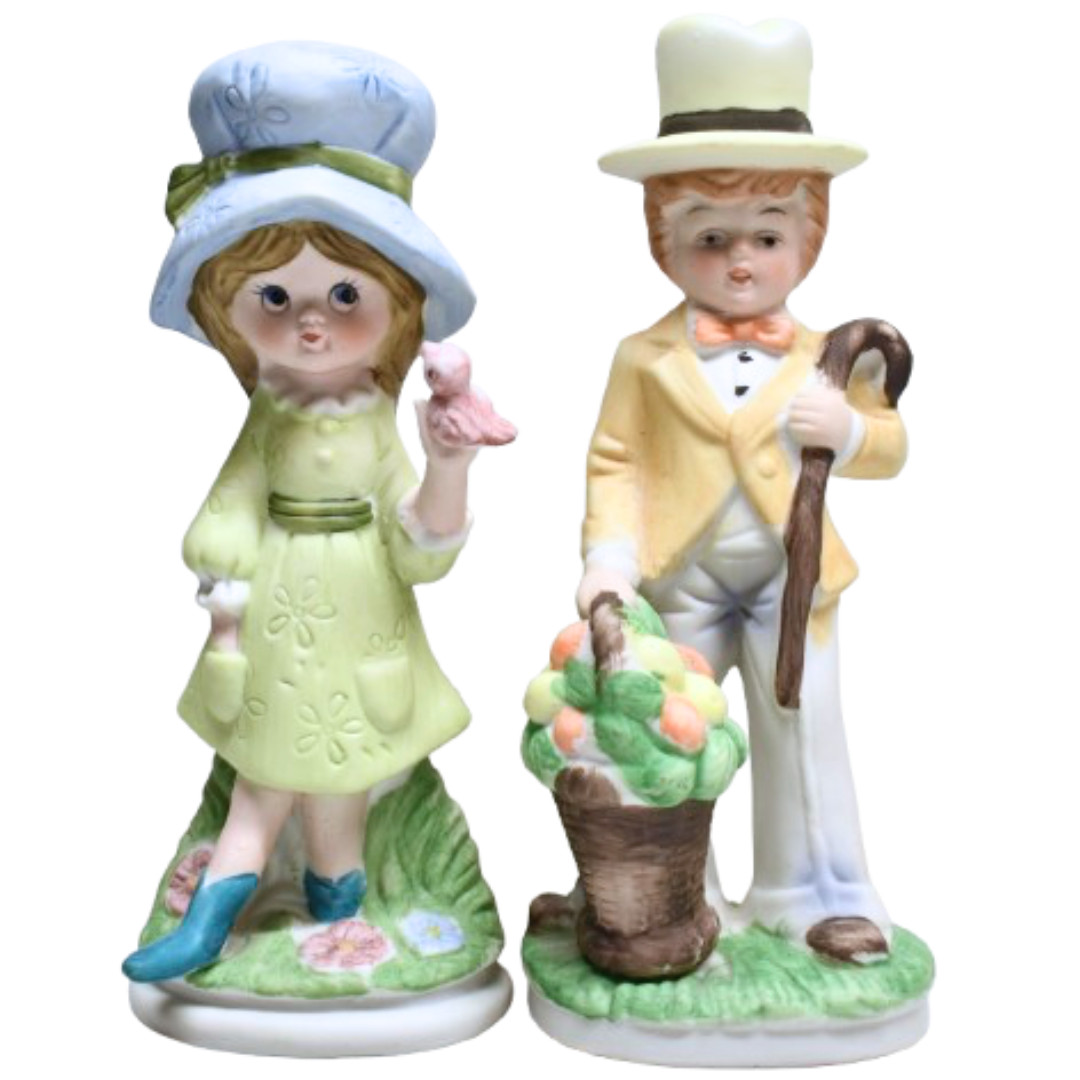 VIDEO* Vintage Hand-painted Porcelain Spring Girl & Boy Taiwan Figurine Set of 2