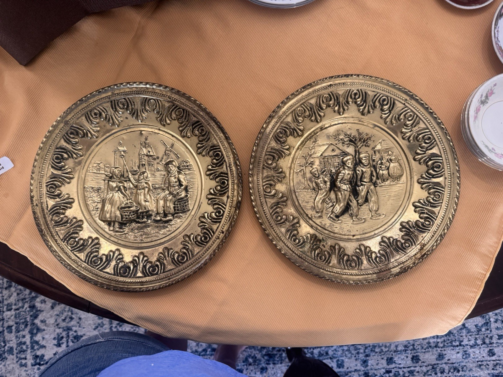 Vintage Pair Brass-Tone Metal Wall Plates Embossed Dutch Village Scenes