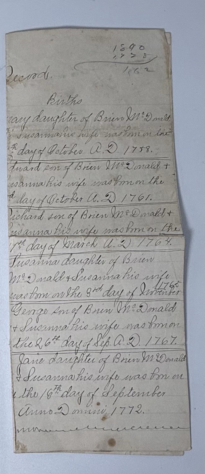 Antique Family History Manuscript McDonald Genealogy Handwritten Ledger 1728 -