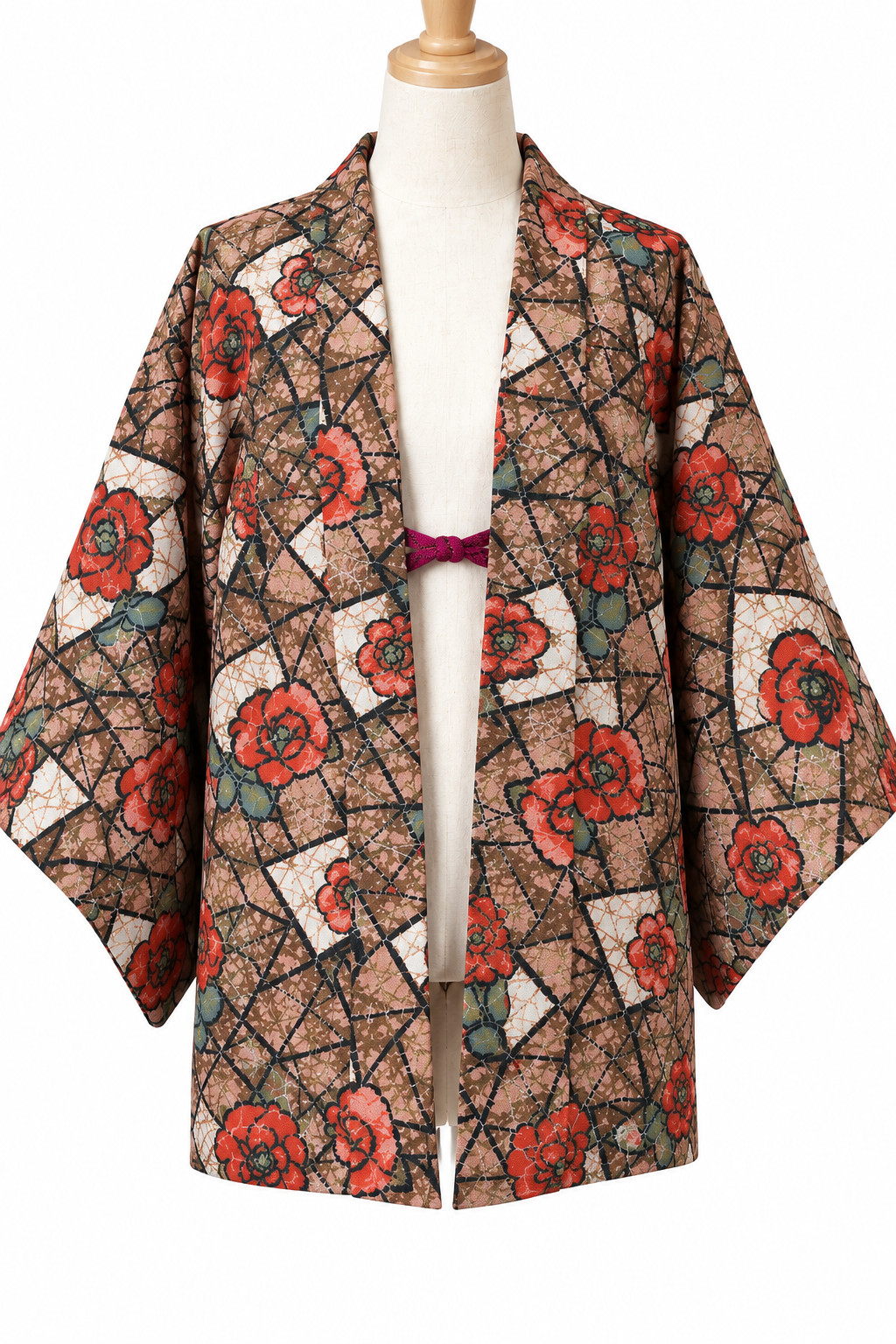 Vintage Japanese Kimono Haori Jacket Silk Brown Red Rose Flower Pattern Lining