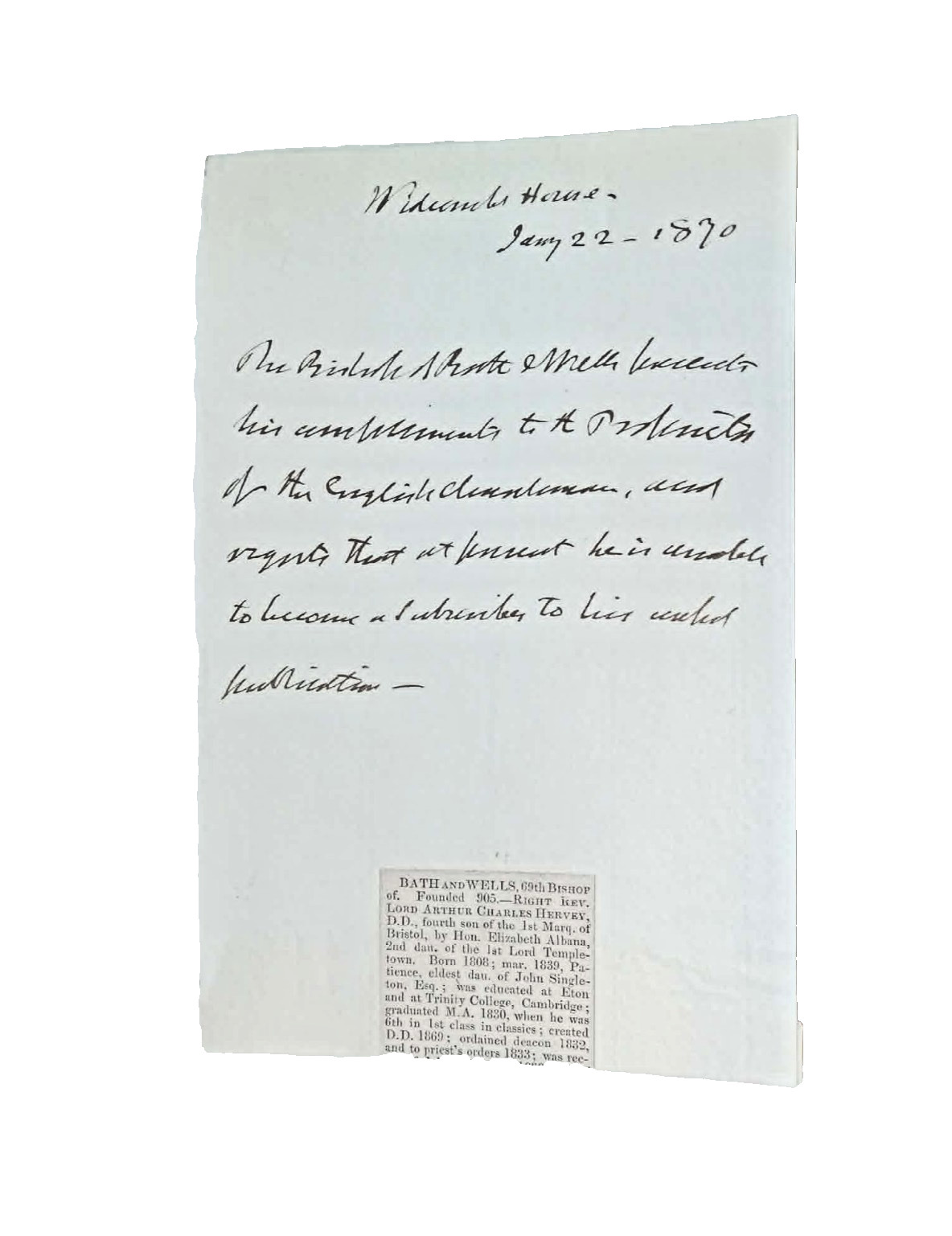 Rare Original 1870 Letter from Lord Arthur Hervey, Bishop of Bath and Wells