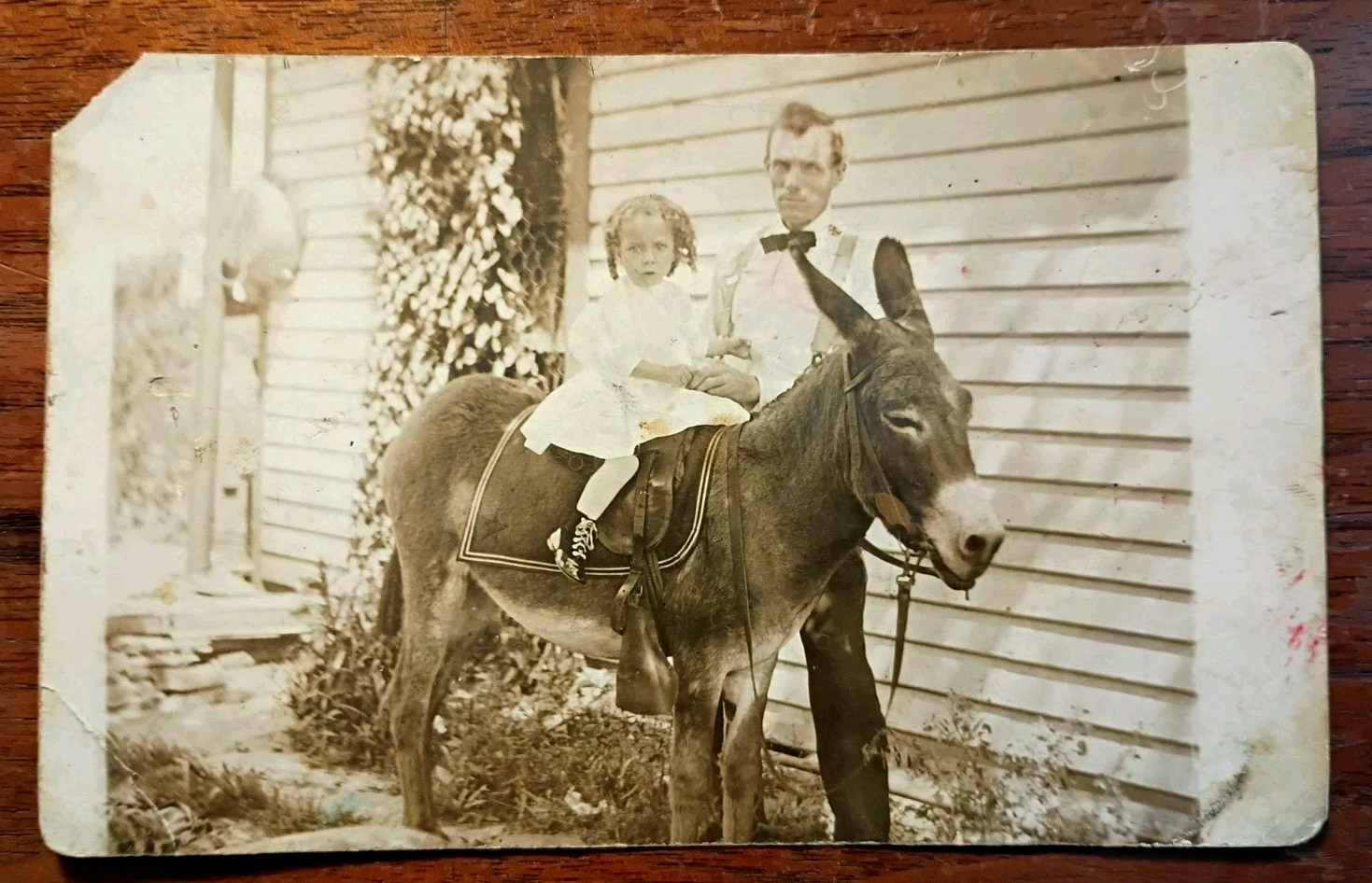 Rare C. 1910 (RPPC) Real Photo Postcard ~ Biracial Girl on Donkey w/her father