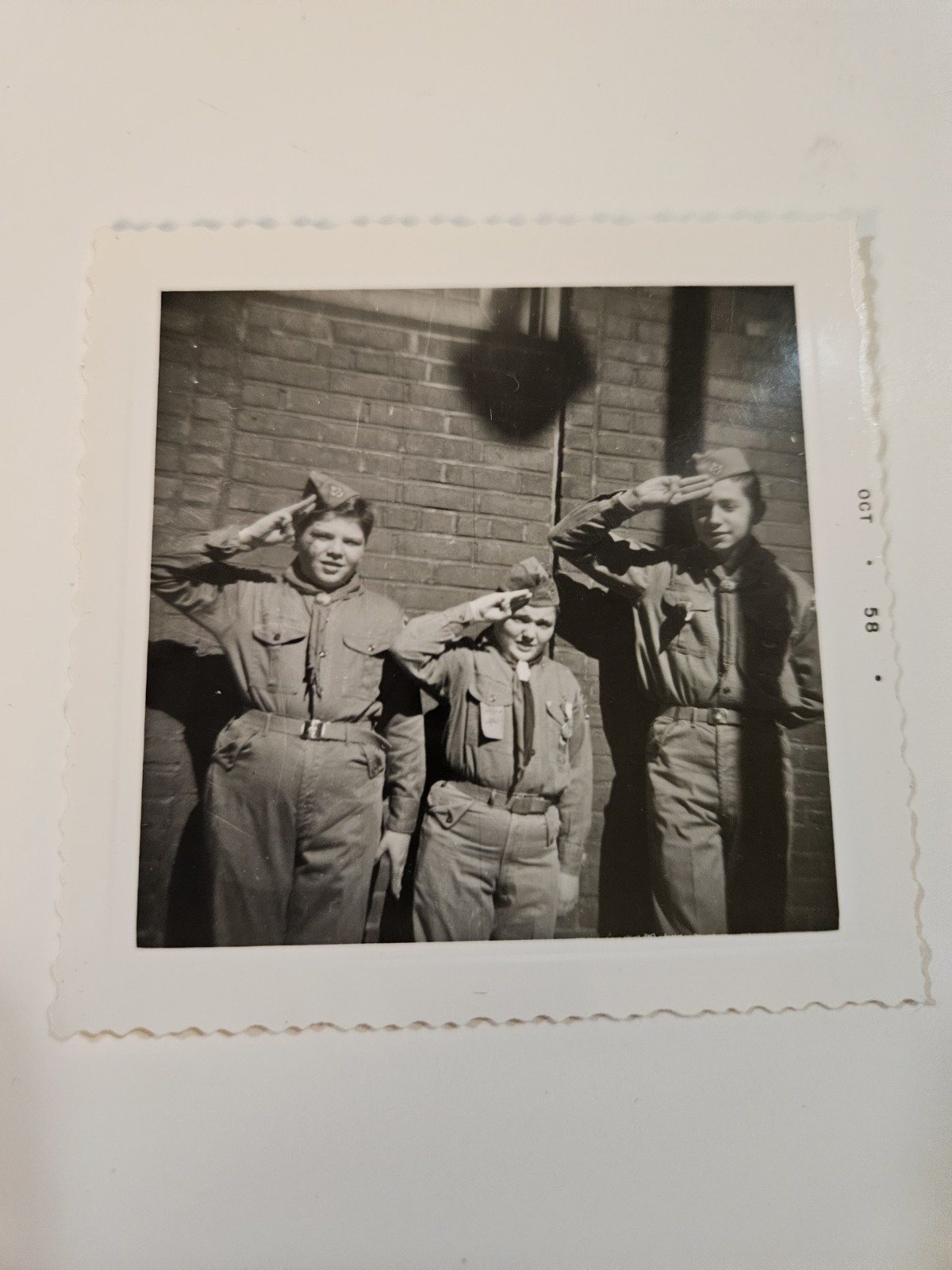 Vintage 1958 Boy Scouts Saluting Uniform Snapshot Photo 3 Boys 3.5x3.5