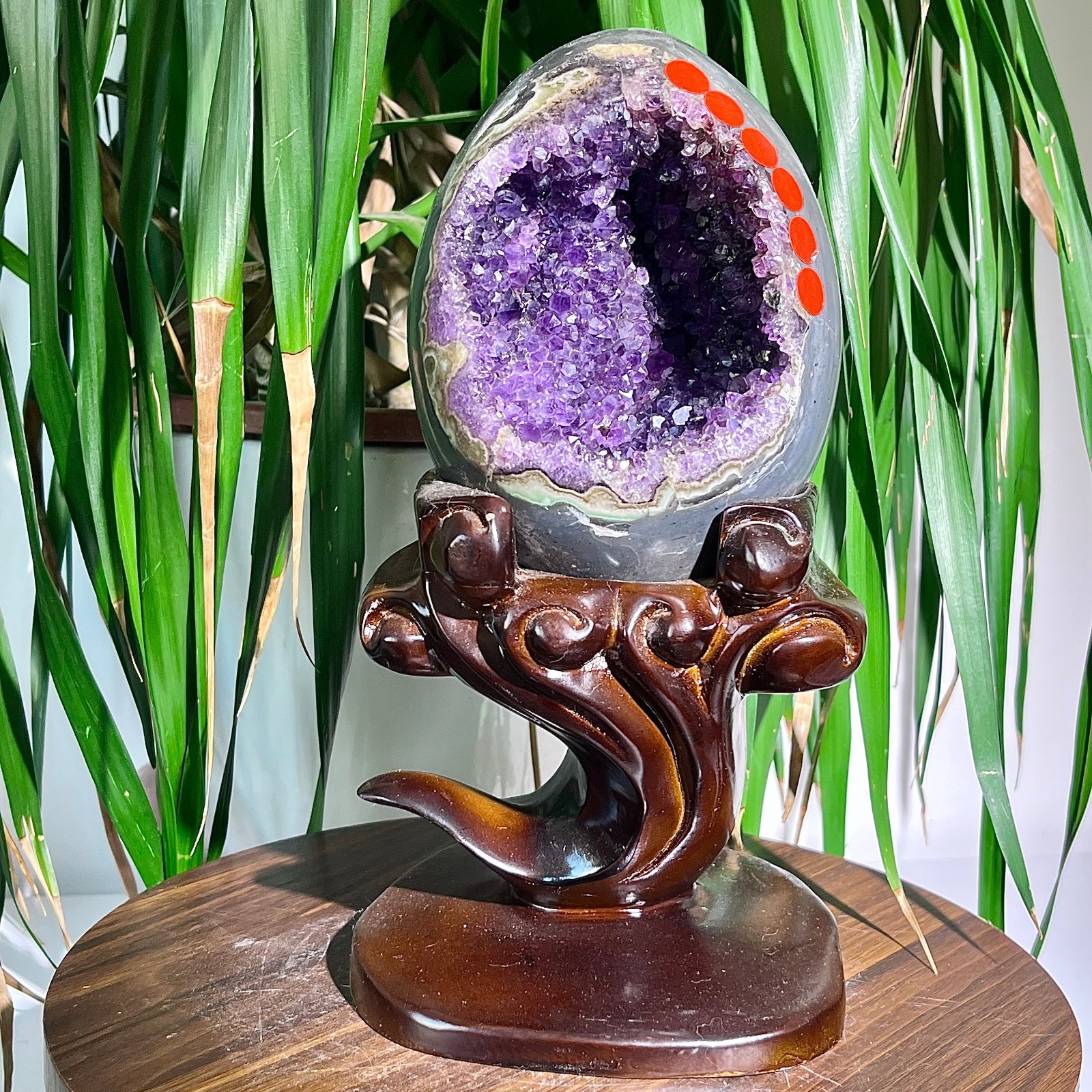 6.9LB High quality rare purple crystal dragon egg cave crystal decoration+base