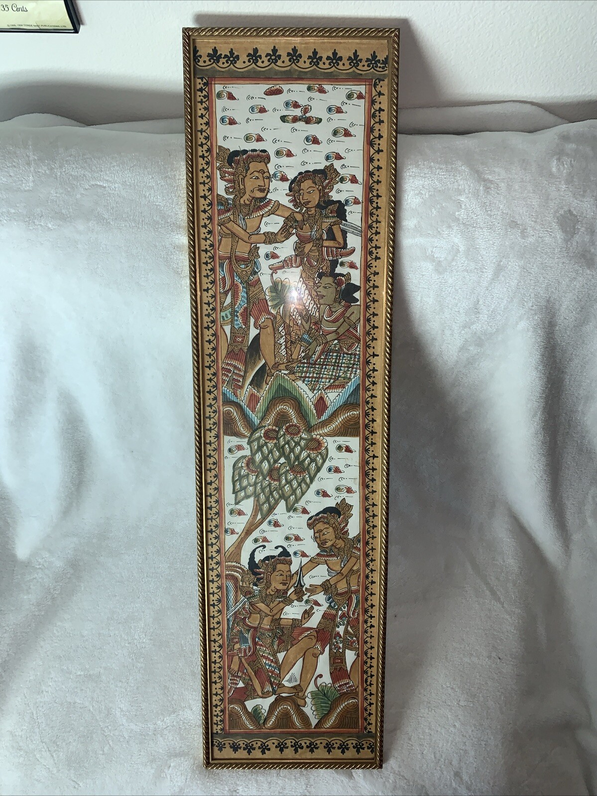 Vintage Antique Kamasan Bali Hindu Framed Fabric Painting Wayang Style Art 36”