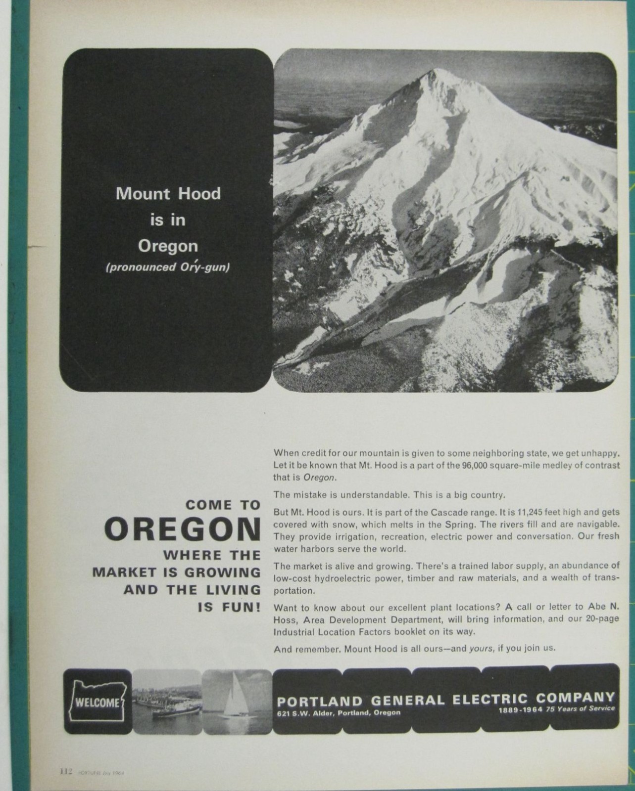 Print Ad Mount Hood Oregon Portland General Electric Vintage 1964 Tourism